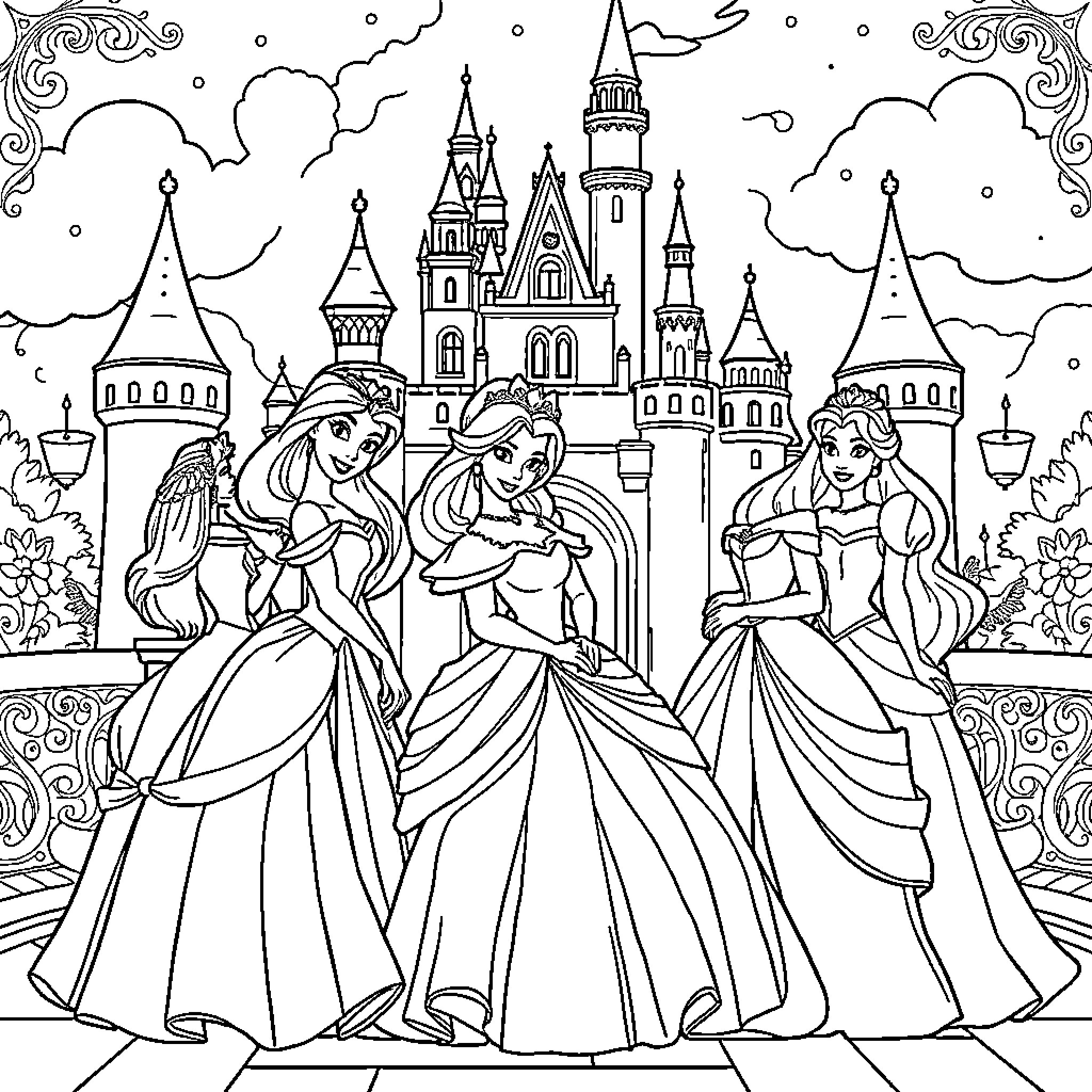 Disney Princesses in Elegant Ball Gowns at Castle Coloring Page (free black-and-white line drawing printable PDF for all, from beginners to advanced learners, including children, teens, adults, and seniors)
