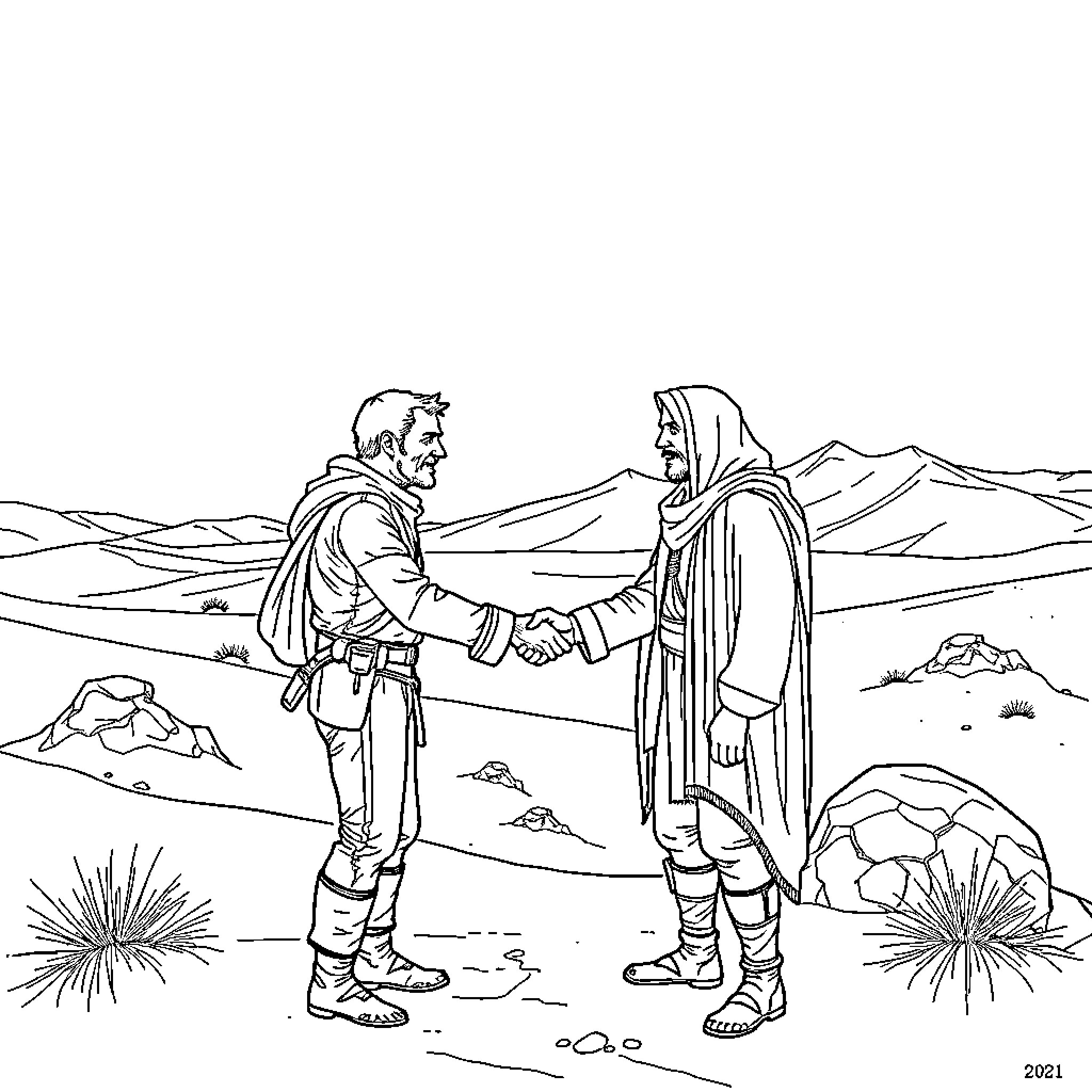 Paul's Formal Meeting in the Desert Landscape Coloring Page (free black-and-white line drawing printable PDF for all, from beginners to advanced learners, including children, teens, adults, and seniors)