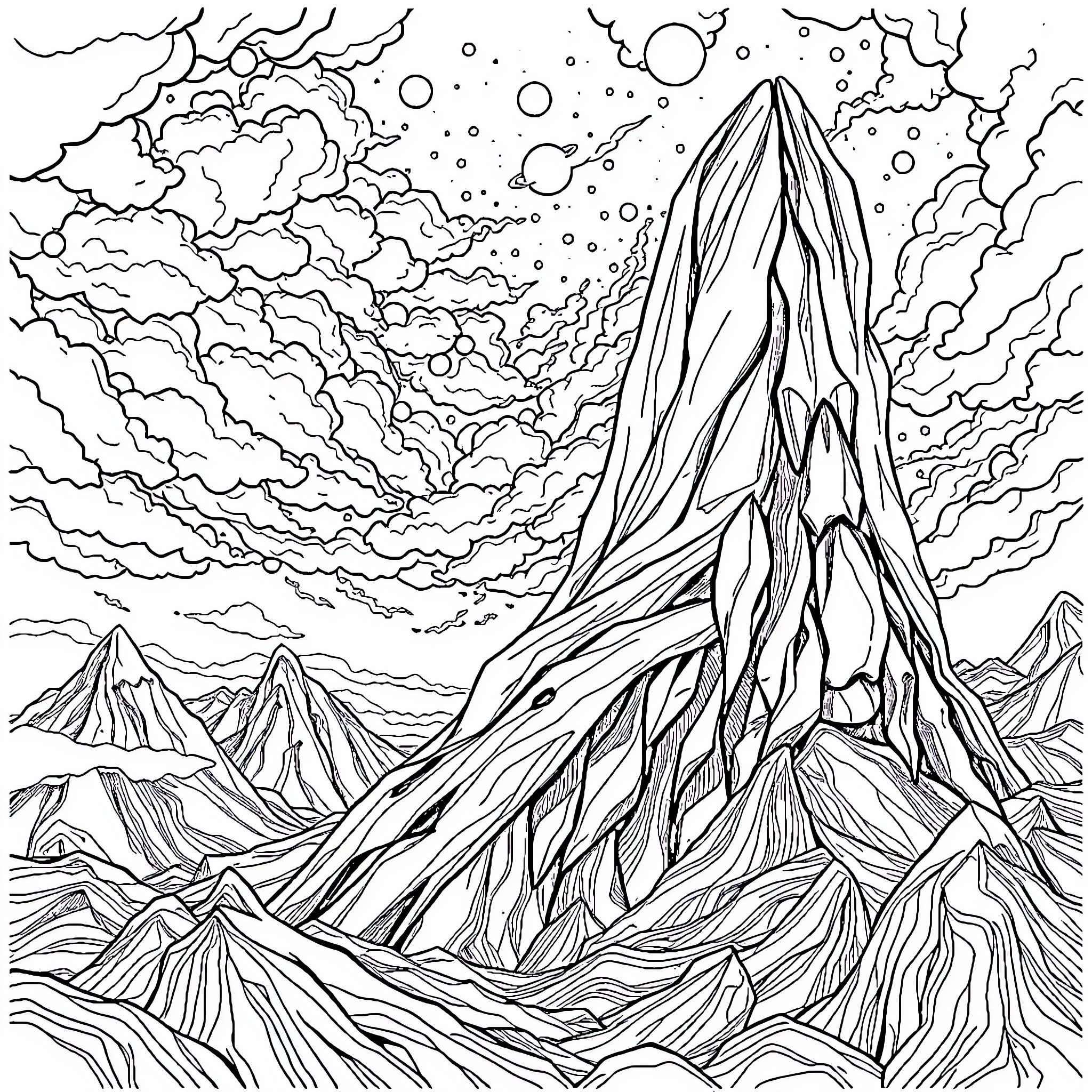 Demon mountain peak against surreal sky Coloring Page (free black-and-white line drawing printable PDF for all, from beginners to advanced learners, including children, teens, adults, and seniors)