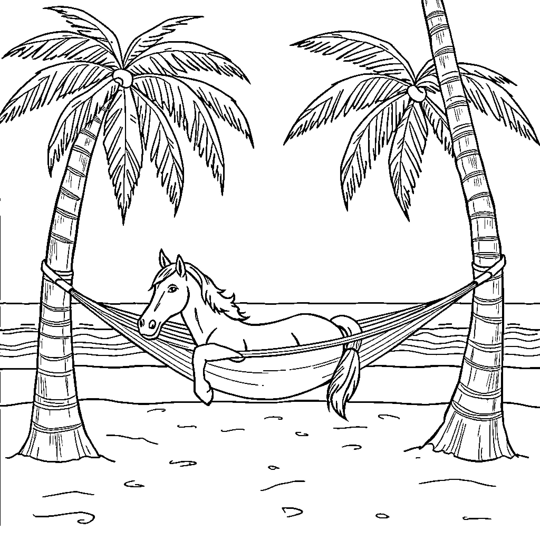 Horse relaxing in a tropical hammock Coloring Page (free black-and-white line drawing printable PDF for all, from beginners to advanced learners, including children, teens, adults, and seniors)
