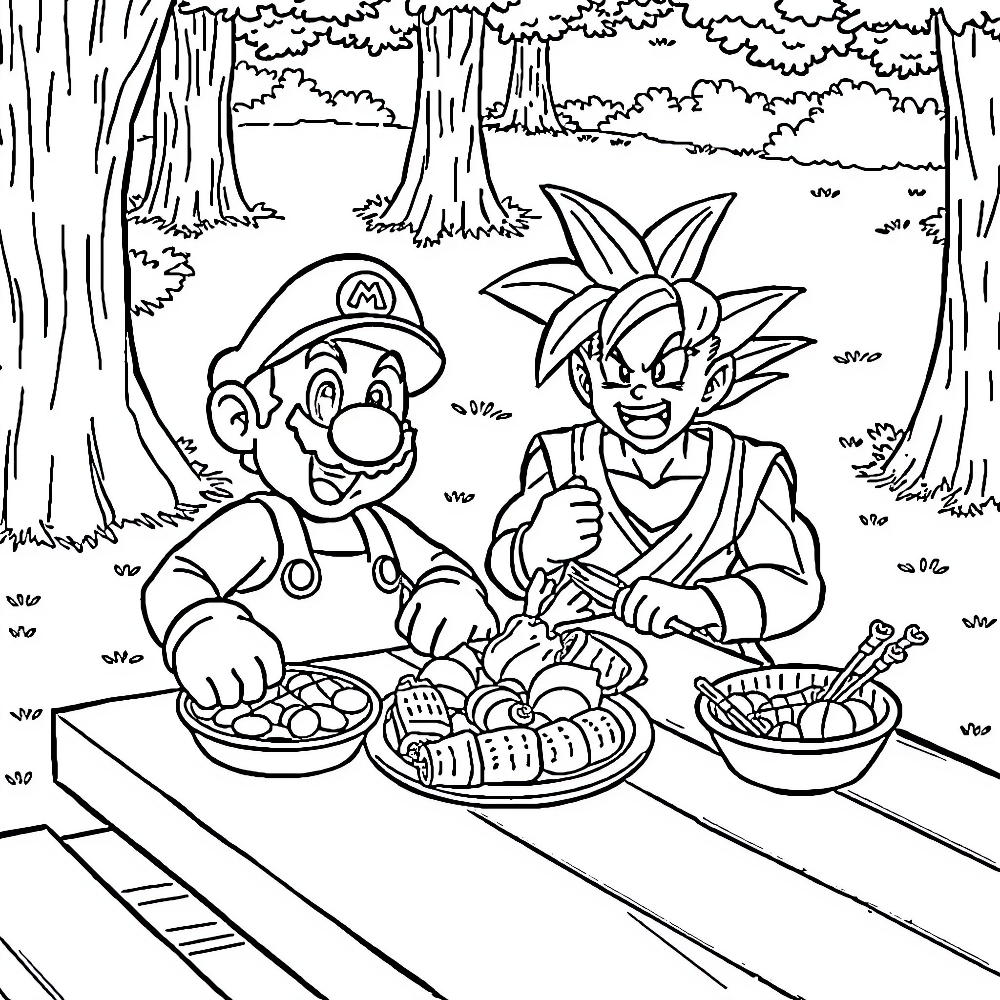 Mario and Goku Enjoying a Picnic in the Woods Coloring Page (free black-and-white line drawing printable PDF for all, from beginners to advanced learners, including children, teens, adults, and seniors)