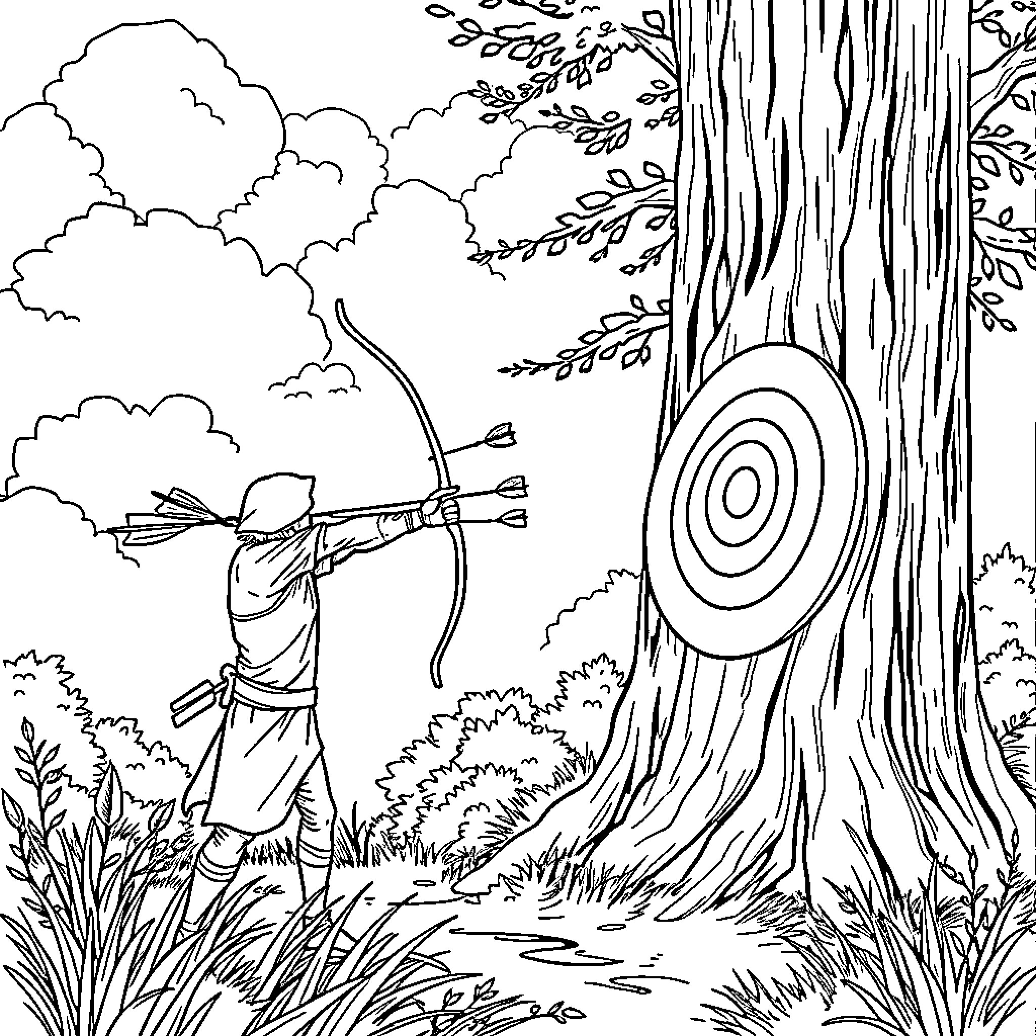 Archery practice in a serene forest setting Coloring Page (free black-and-white line drawing printable PDF for all, from beginners to advanced learners, including children, teens, adults, and seniors)