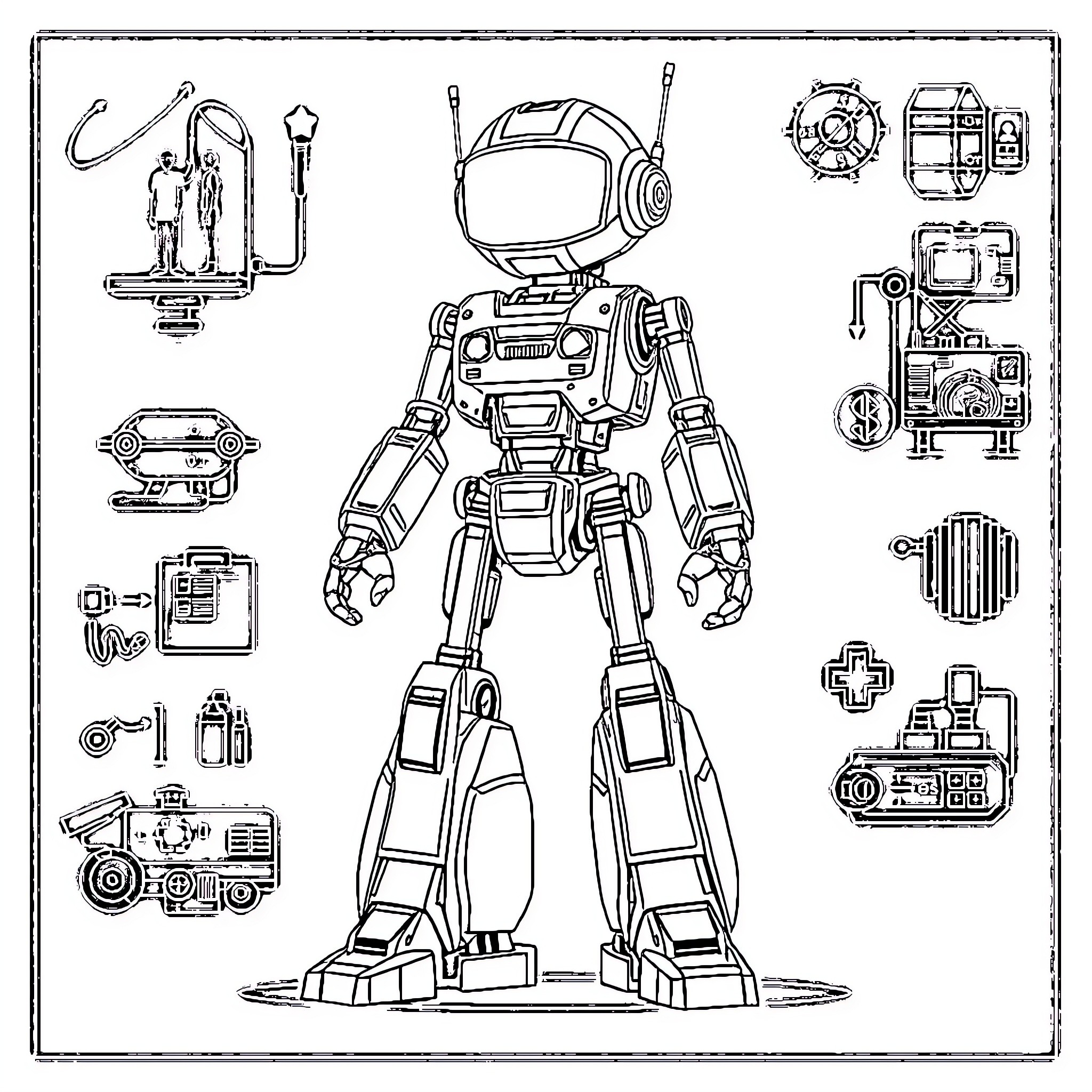 Robot with Various Technological Components Coloring Page (free black-and-white line drawing printable PDF for all, from beginners to advanced learners, including children, teens, adults, and seniors)