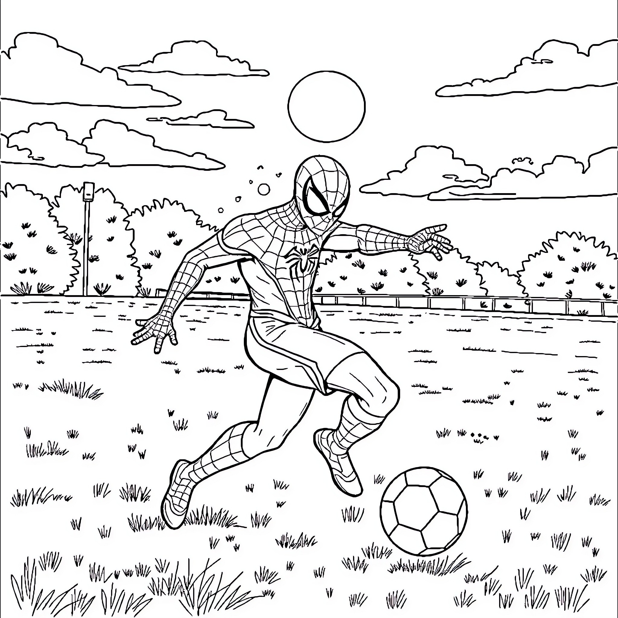 Spiderman playing football in the park Coloring Page (free black-and-white line drawing printable PDF for all, from beginners to advanced learners, including children, teens, adults, and seniors)