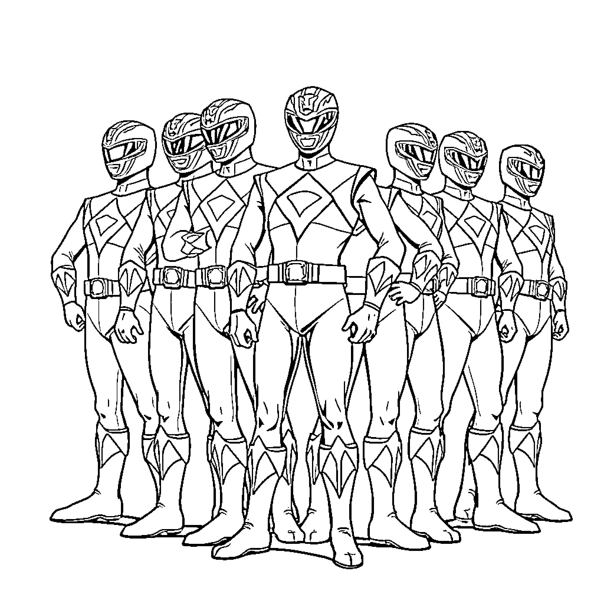 Power Ranger team in action poses Coloring Page (free black-and-white line drawing printable PDF for all, from beginners to advanced learners, including children, teens, adults, and seniors)