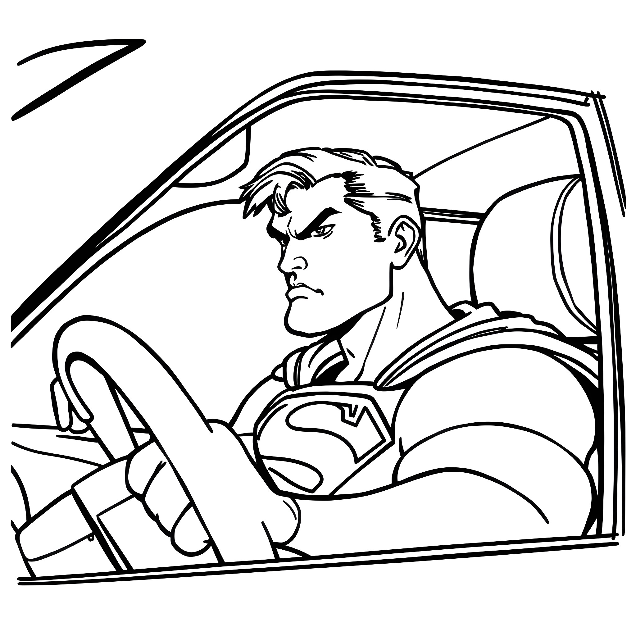 Superman driving a car with determination Coloring Page (free black-and-white line drawing printable PDF for all, from beginners to advanced learners, including children, teens, adults, and seniors)