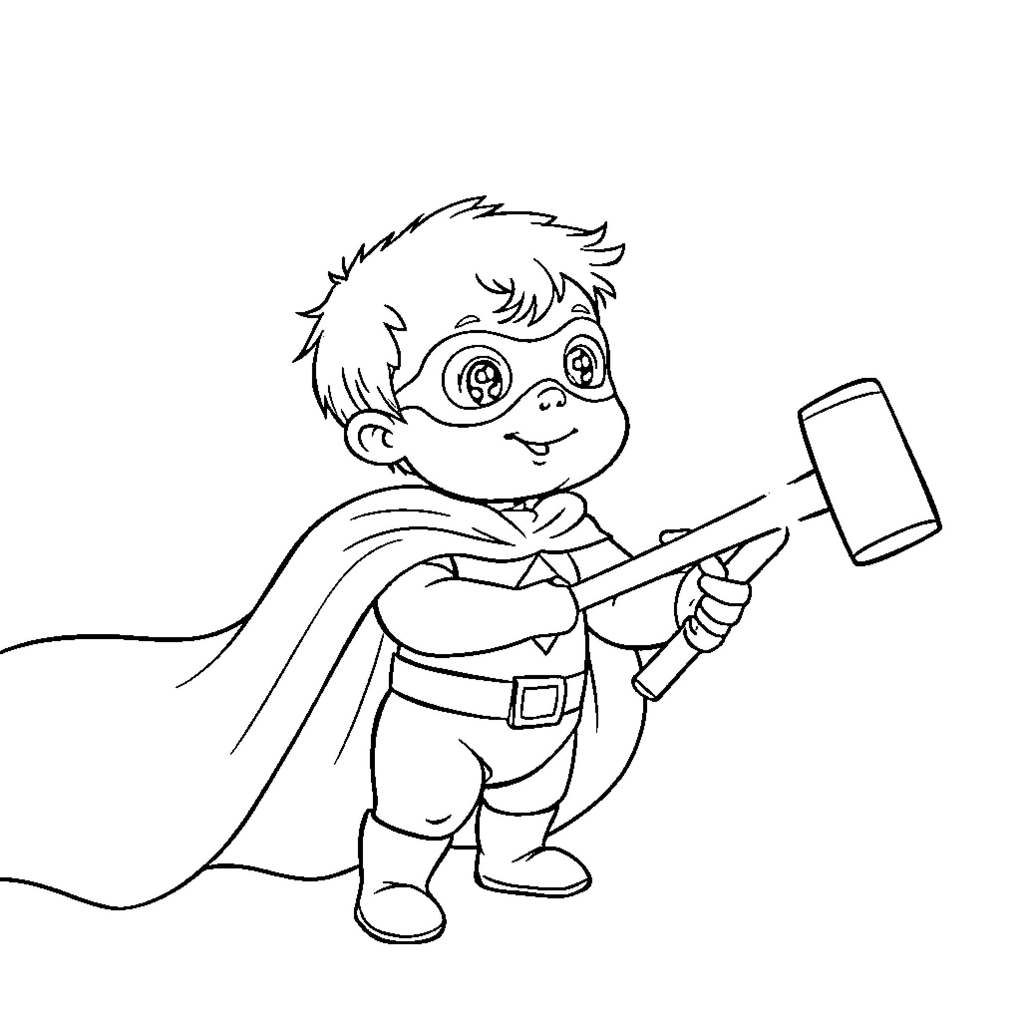 Baby superhero with cape and hammer Coloring Page (free black-and-white line drawing printable PDF for all, from beginners to advanced learners, including children, teens, adults, and seniors)