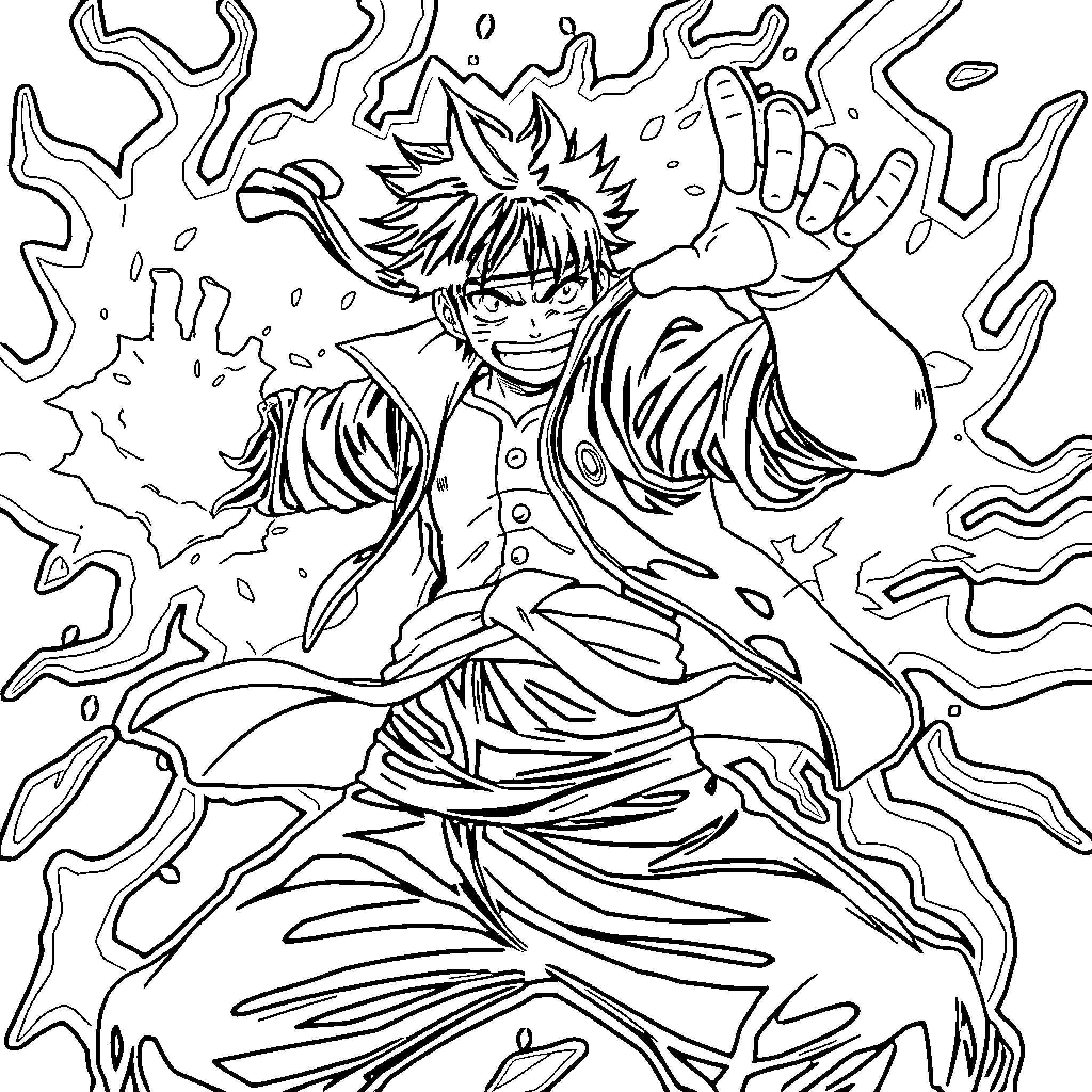 Luffy's Fierce Battle Stance Coloring Page (free black-and-white line drawing printable PDF for all, from beginners to advanced learners, including children, teens, adults, and seniors)