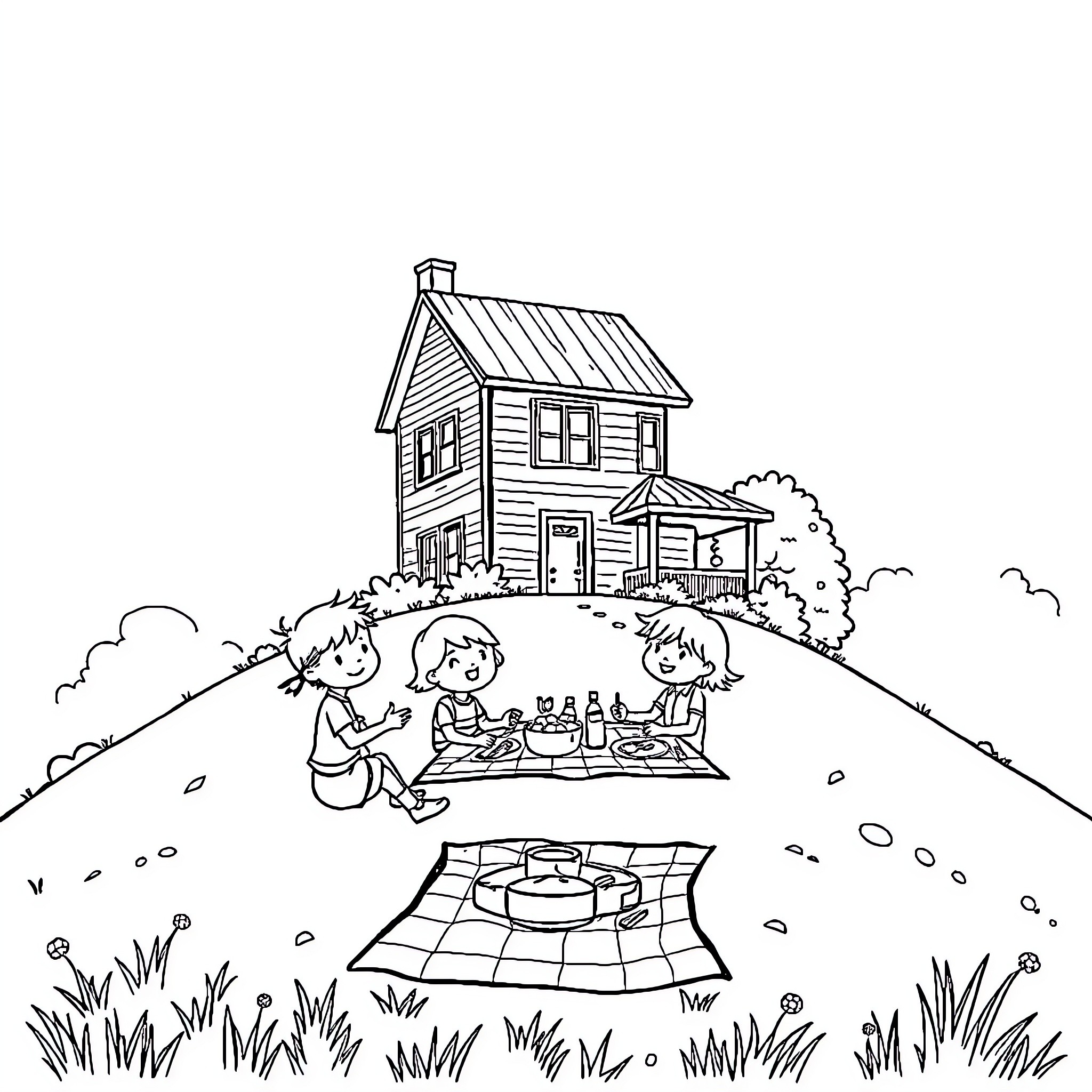 Kid's picnic day in the countryside Coloring Page (free black-and-white line drawing printable PDF for all, from beginners to advanced learners, including children, teens, adults, and seniors)
