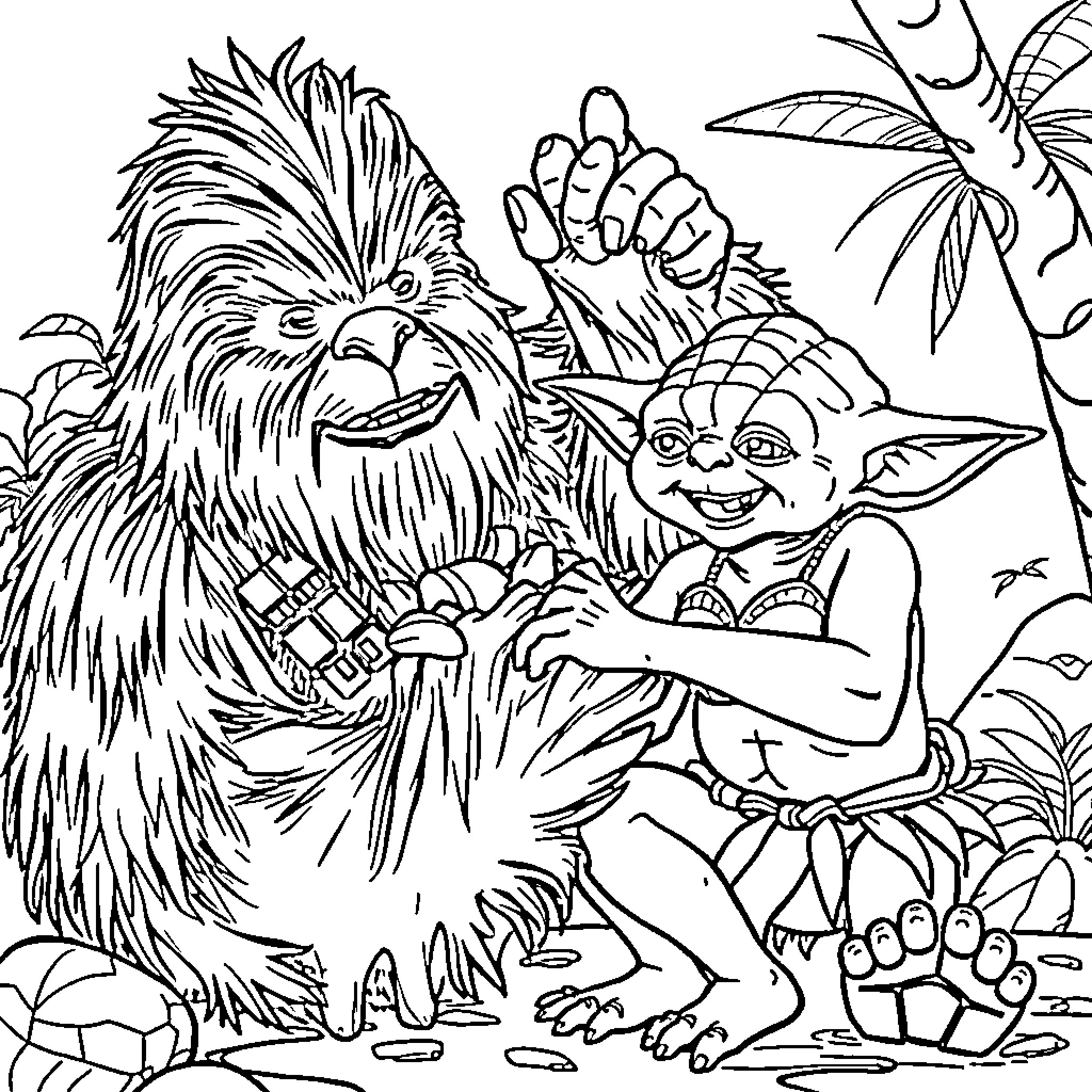 Chewbacca and Grogu playing in the forest Coloring Page (free black-and-white line drawing printable PDF for all, from beginners to advanced learners, including children, teens, adults, and seniors)