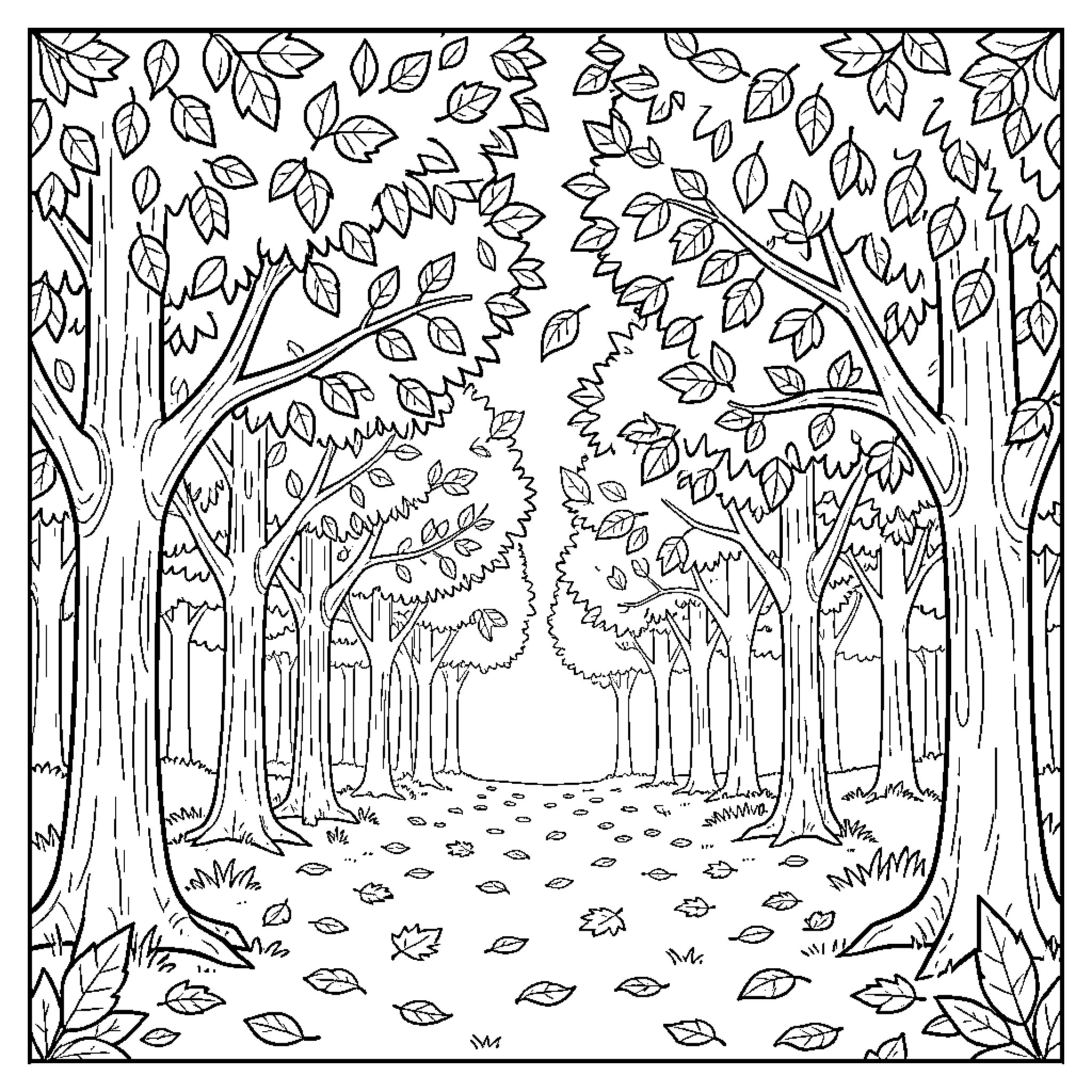 Autumn Forest Scene with Fallen Leaves Coloring Page (free black-and-white line drawing printable PDF for all, from beginners to advanced learners, including children, teens, adults, and seniors)