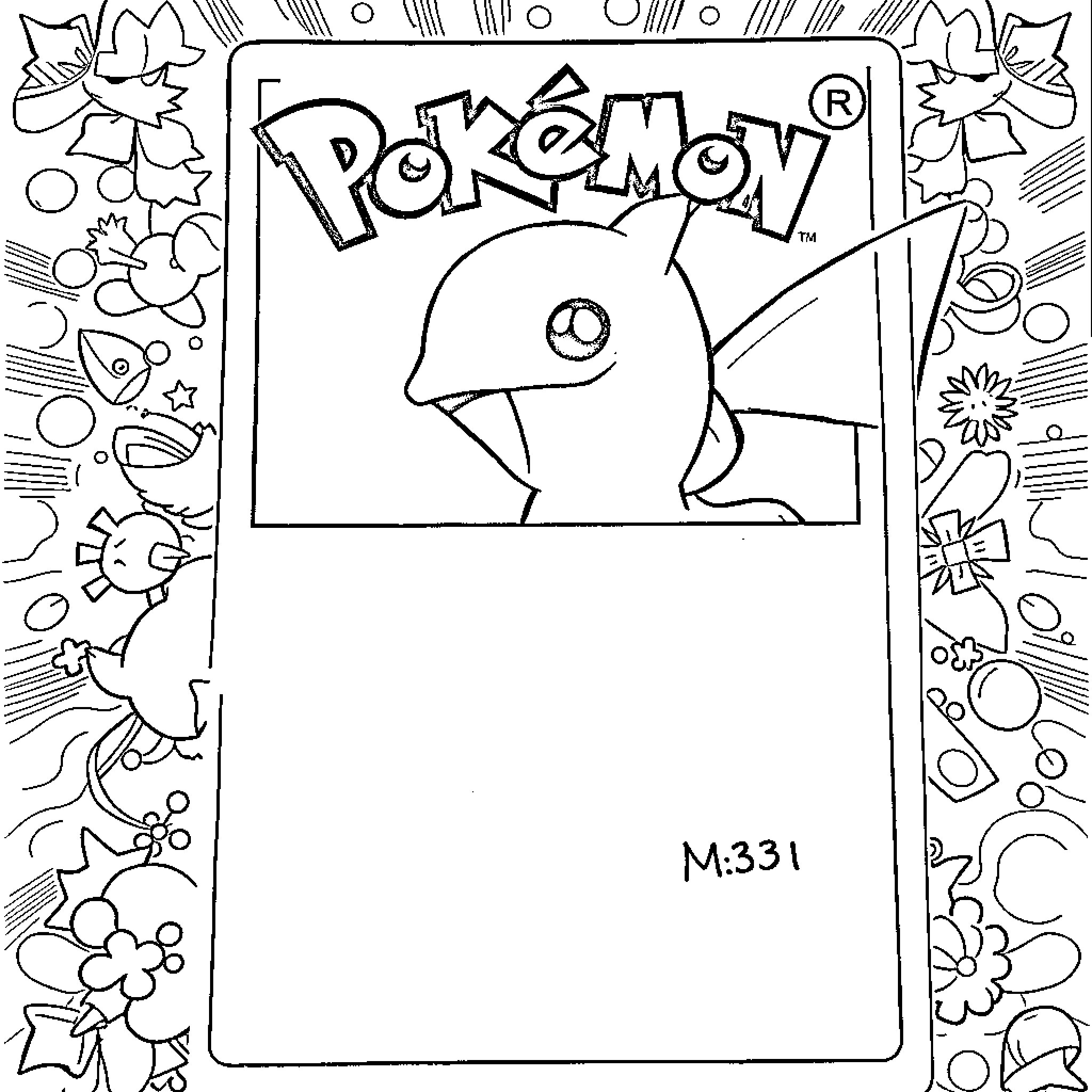 Pokémon character in a coloring page surrounded by nature elements Coloring Page (free black-and-white line drawing printable PDF for all, from beginners to advanced learners, including children, teens, adults, and seniors)
