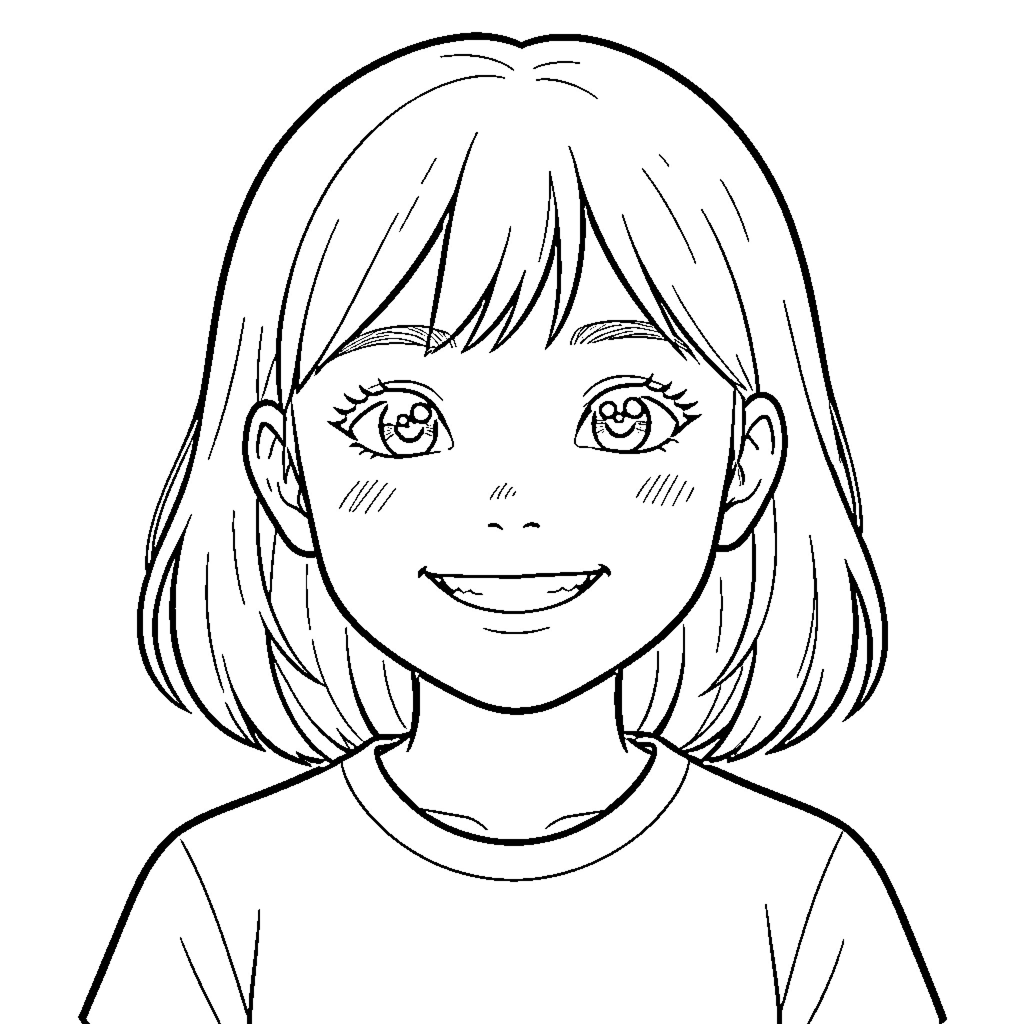 Girl with Cheerful Expression Coloring Page (free black-and-white line drawing printable PDF for all, from beginners to advanced learners, including children, teens, adults, and seniors)