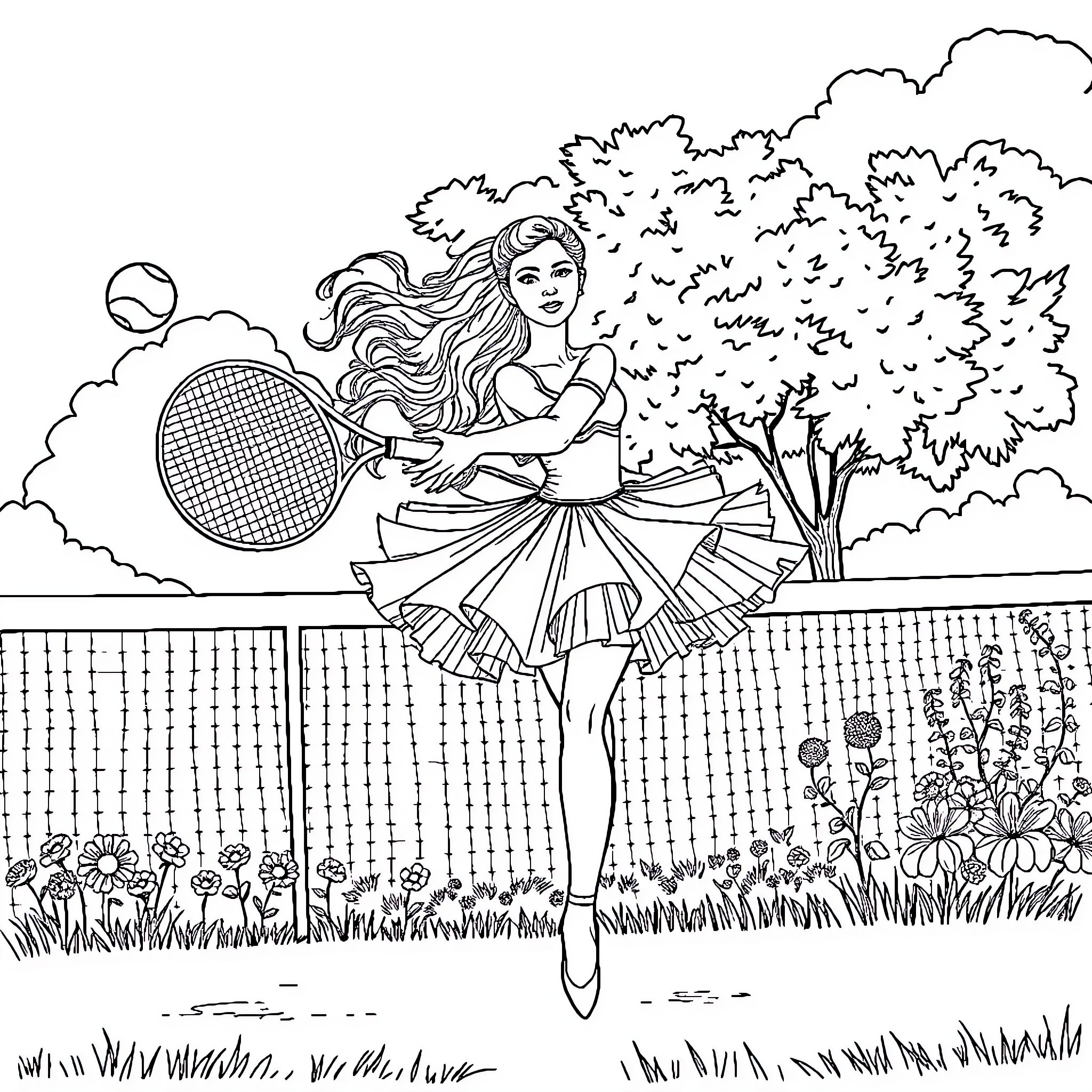 Ballerina dancing gracefully on the tennis court Coloring Page (free black-and-white line drawing printable PDF for all, from beginners to advanced learners, including children, teens, adults, and seniors)