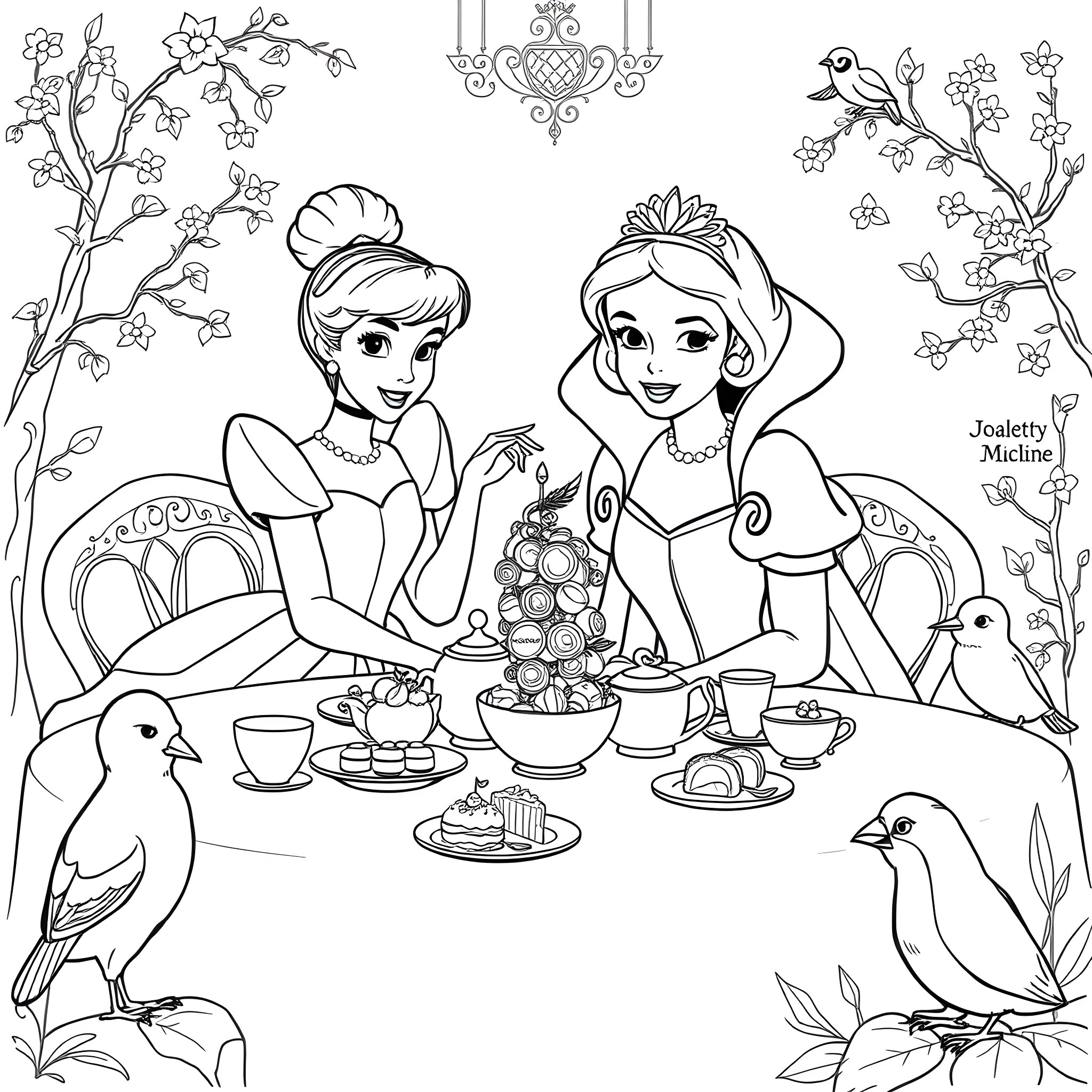 Cinderella and Snow White enjoying a tea party in the garden Coloring Page (free black-and-white line drawing printable PDF for all, from beginners to advanced learners, including children, teens, adults, and seniors)