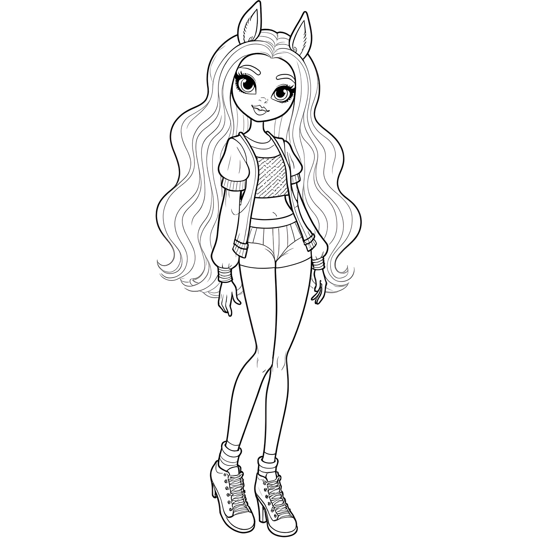 Clawdeen Wolf in stylish casual outfit Coloring Page (free black-and-white line drawing printable PDF for all, from beginners to advanced learners, including children, teens, adults, and seniors)