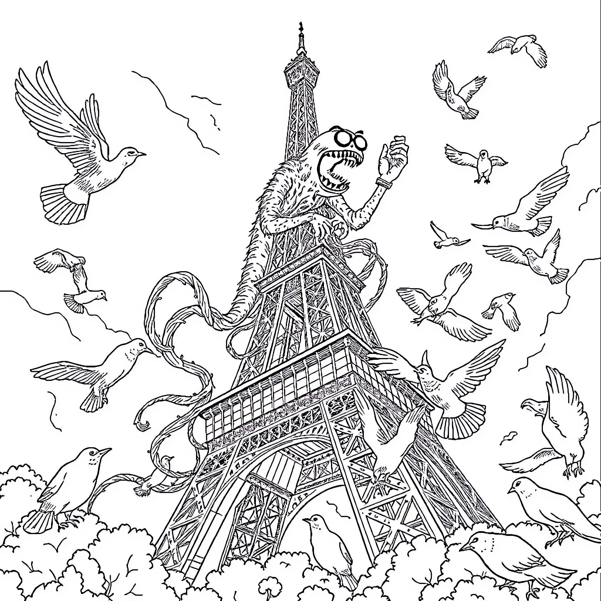Spaghetti Monster's Whimsical Romp Atop the Eiffel Tower Coloring Page (free black-and-white line drawing printable PDF for all, from beginners to advanced learners, including children, teens, adults, and seniors)