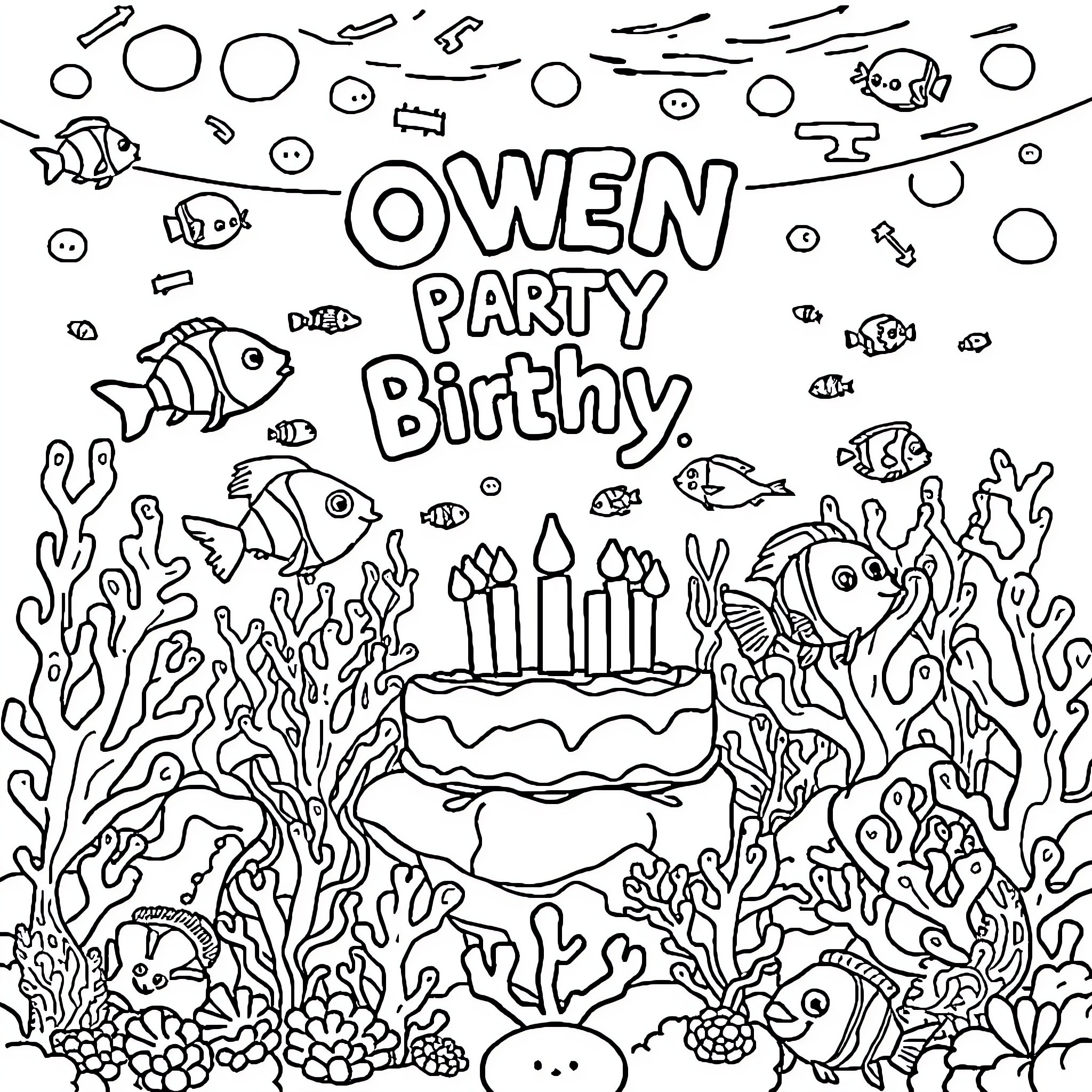 Birthday Party with Underwater Decorations Coloring Page (free black-and-white line drawing printable PDF for all, from beginners to advanced learners, including children, teens, adults, and seniors)