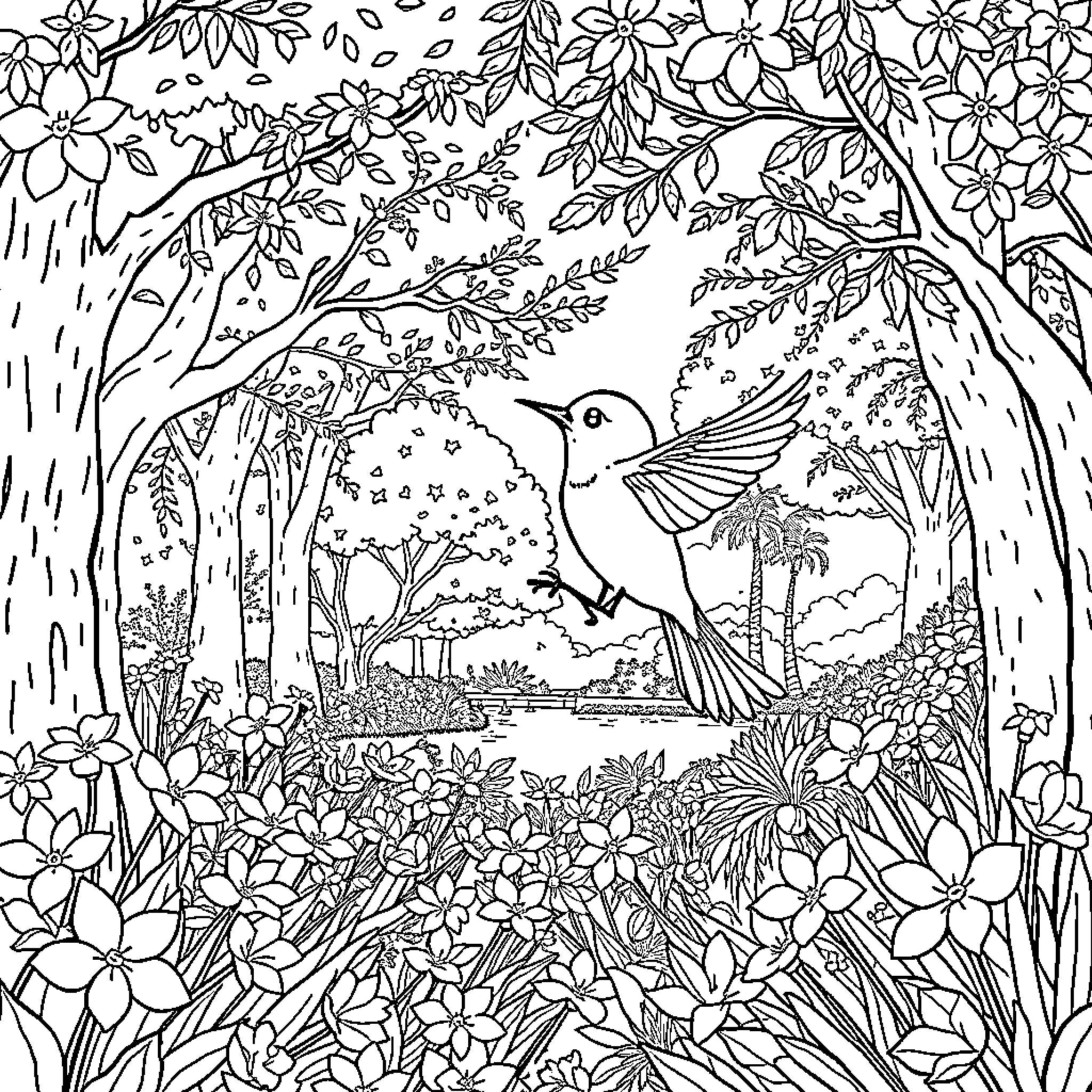 Ladybug in a Whimsical Floral Forest Coloring Page (free black-and-white line drawing printable PDF for all, from beginners to advanced learners, including children, teens, adults, and seniors)