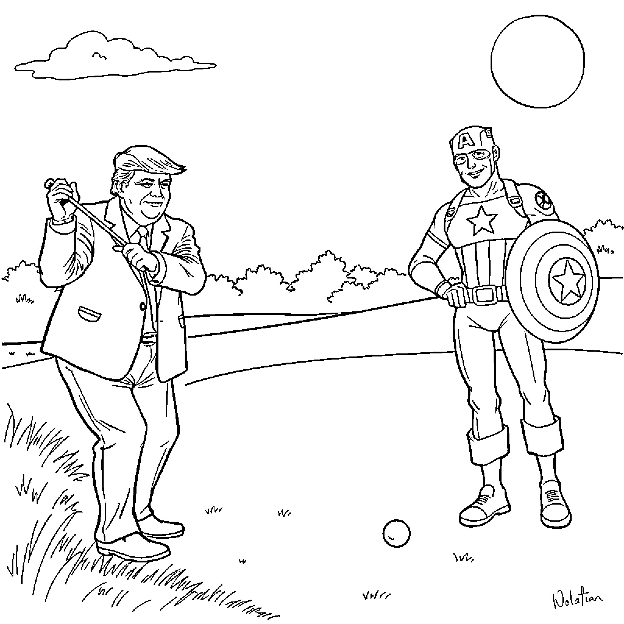 Donald Trump Enjoys Golf as Captain America Watches Coloring Page (free black-and-white line drawing printable PDF for all, from beginners to advanced learners, including children, teens, adults, and seniors)