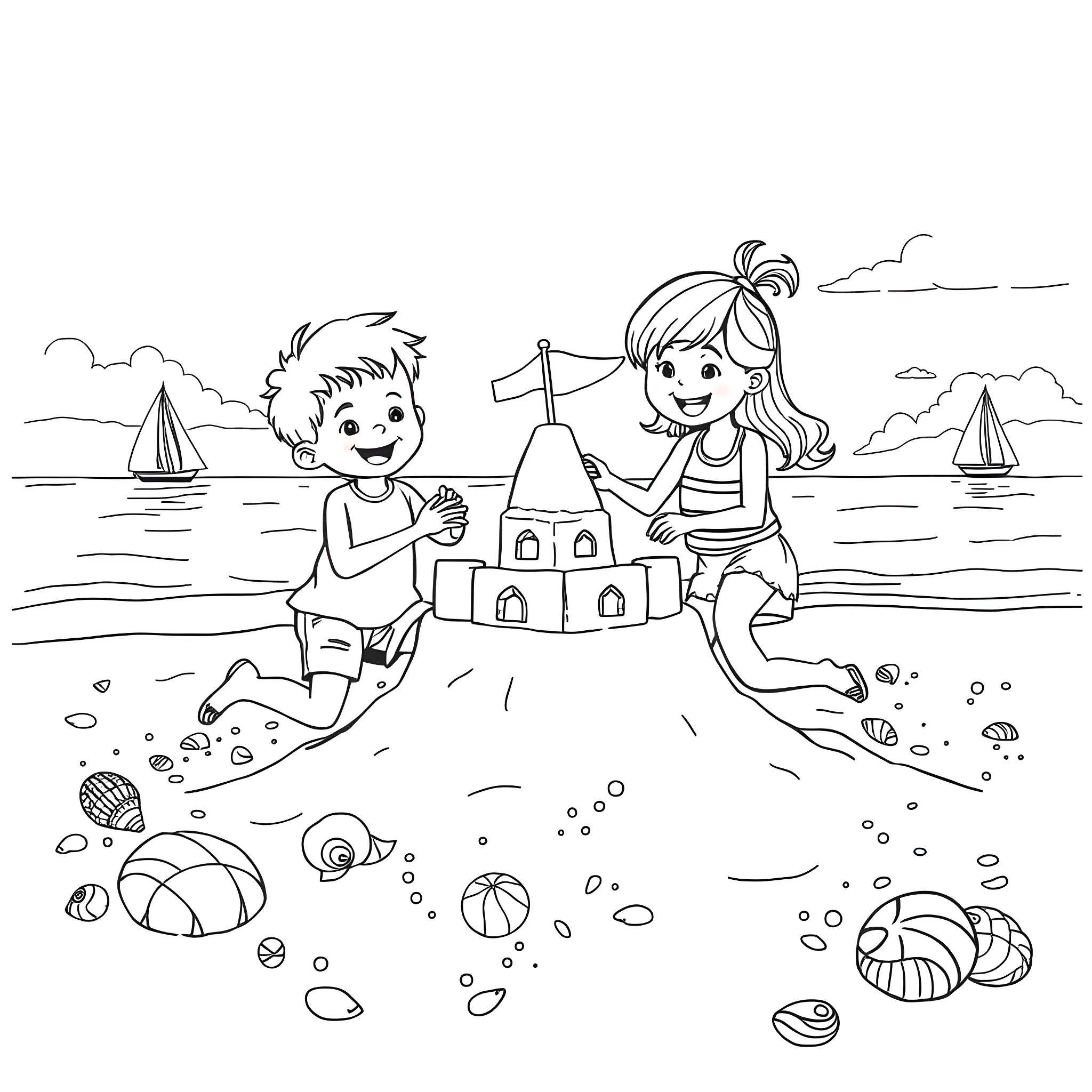 Child playing with sand castle on the beach Coloring Page (free black-and-white line drawing printable PDF for all, from beginners to advanced learners, including children, teens, adults, and seniors)