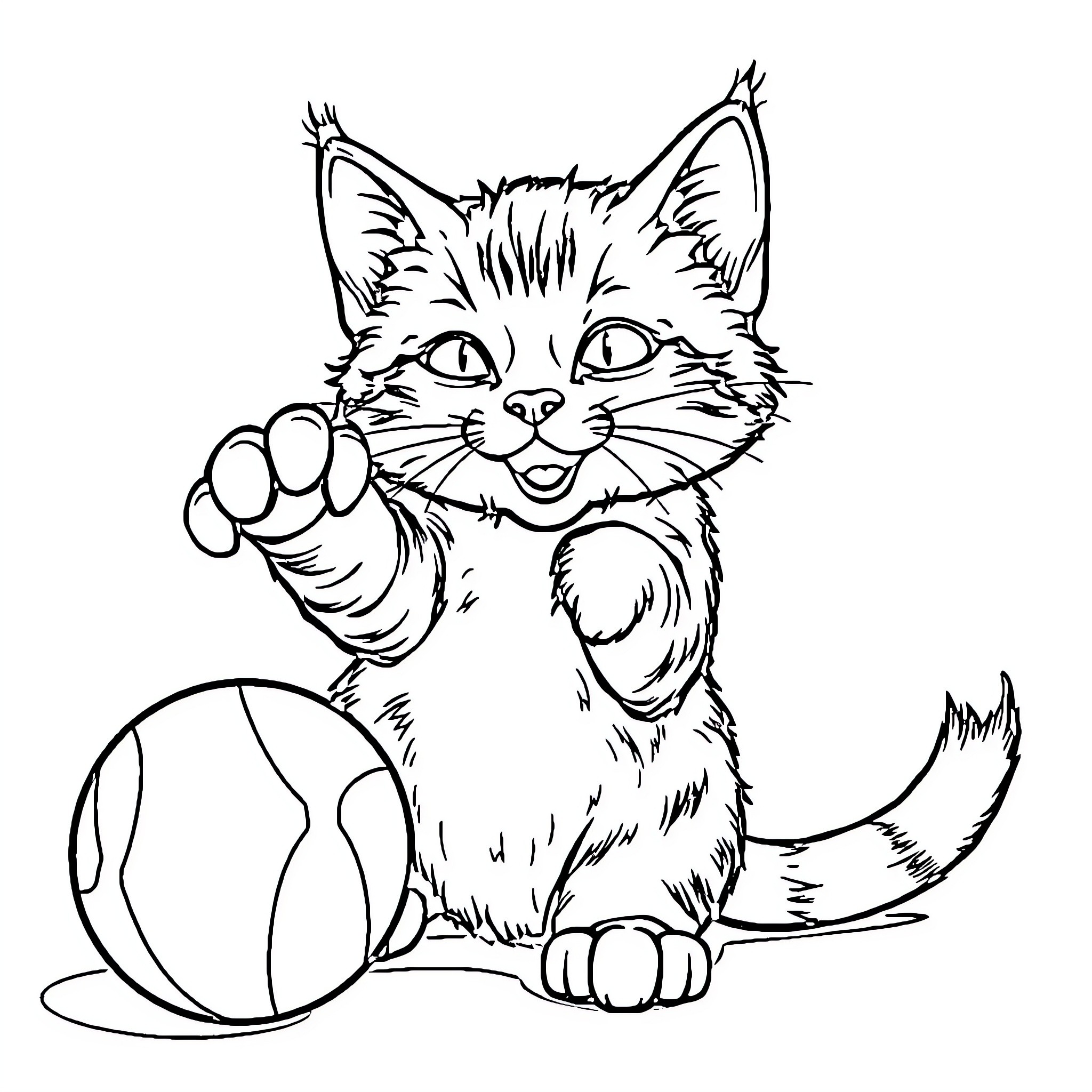 Cat playing with ball Coloring Page (free black-and-white line drawing printable PDF for all, from beginners to advanced learners, including children, teens, adults, and seniors)