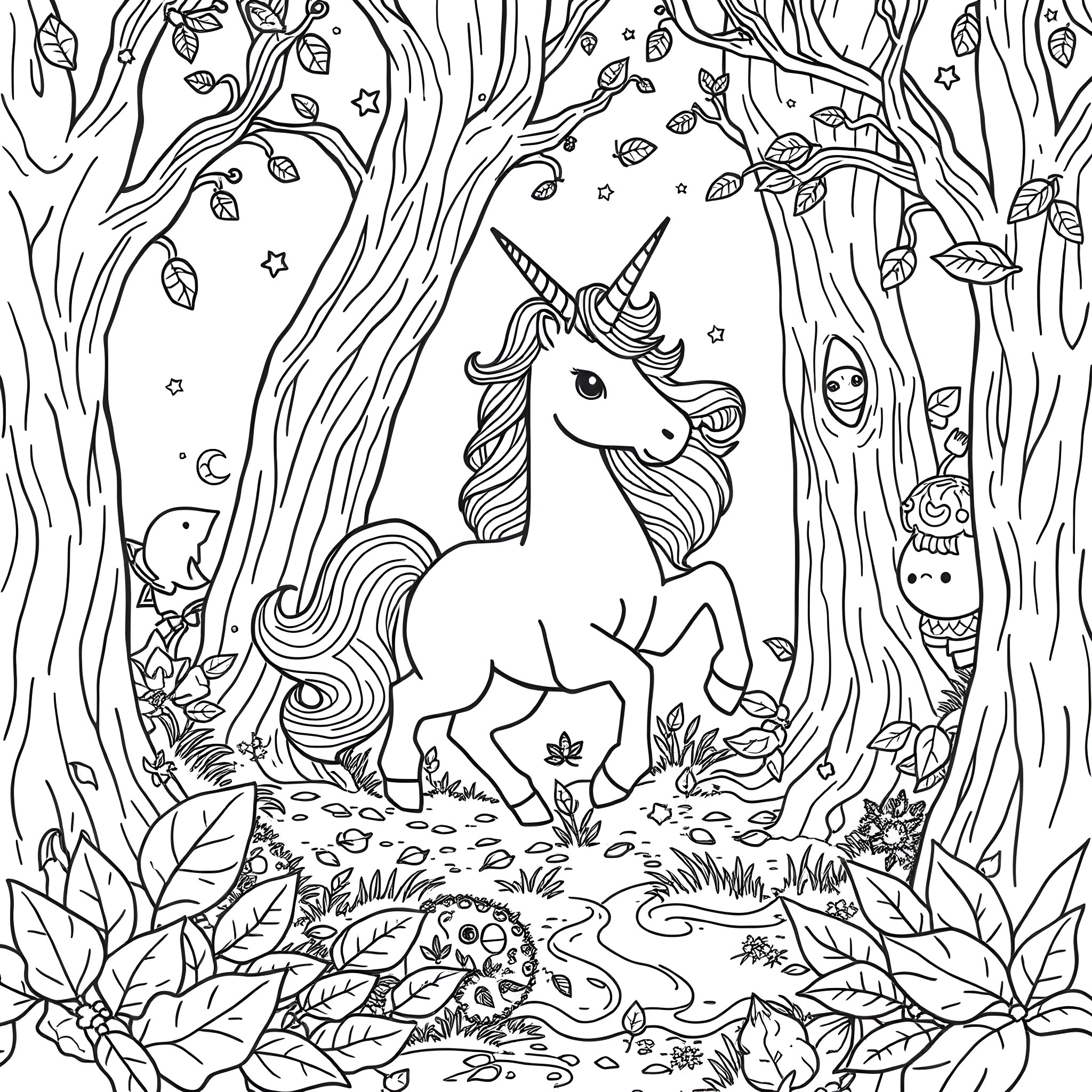 Unicorn Exploring the Enchanted Forest Coloring Page (free black-and-white line drawing printable PDF for all, from beginners to advanced learners, including children, teens, adults, and seniors)