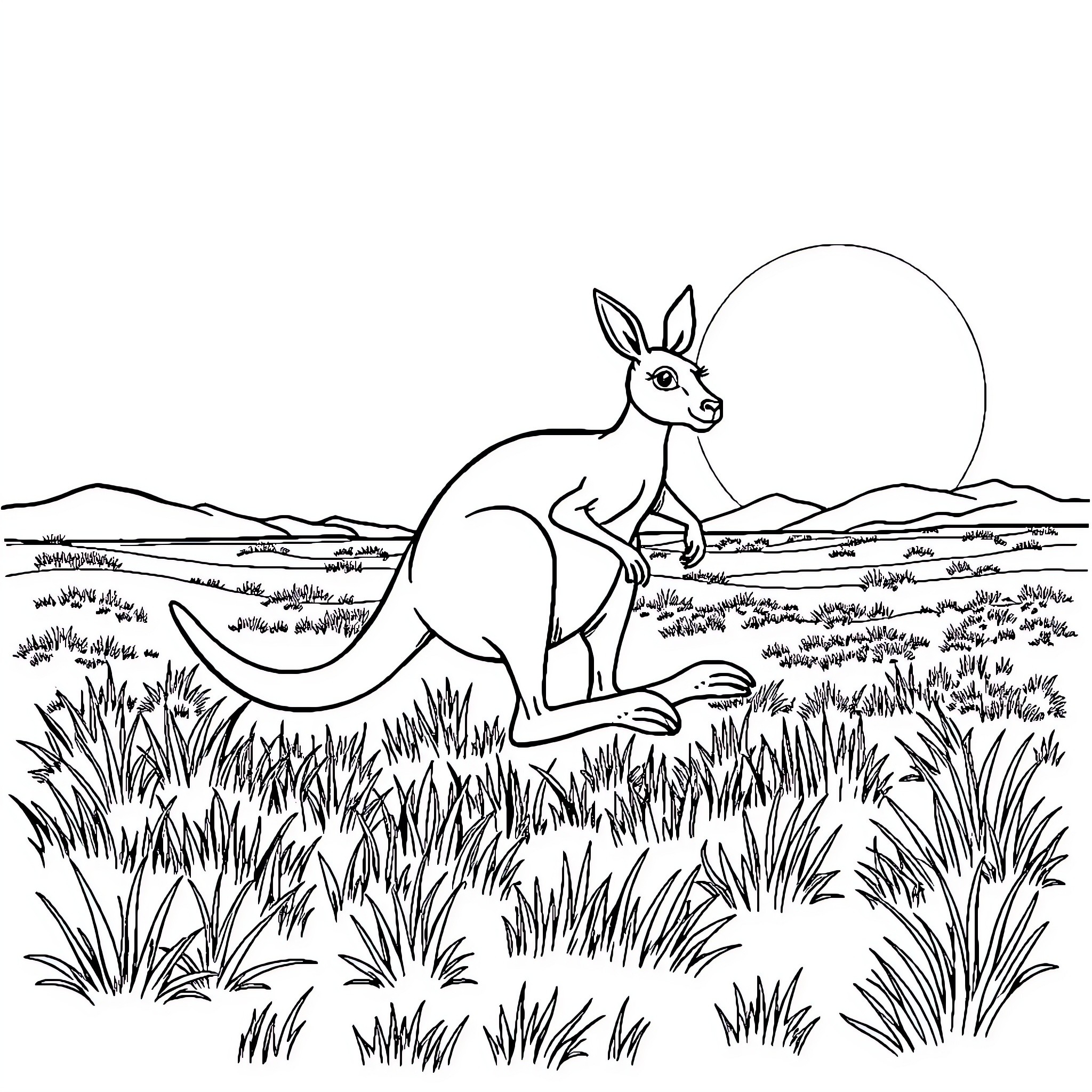 Kangaroo hopping through the grassy field Coloring Page (free black-and-white line drawing printable PDF for all, from beginners to advanced learners, including children, teens, adults, and seniors)