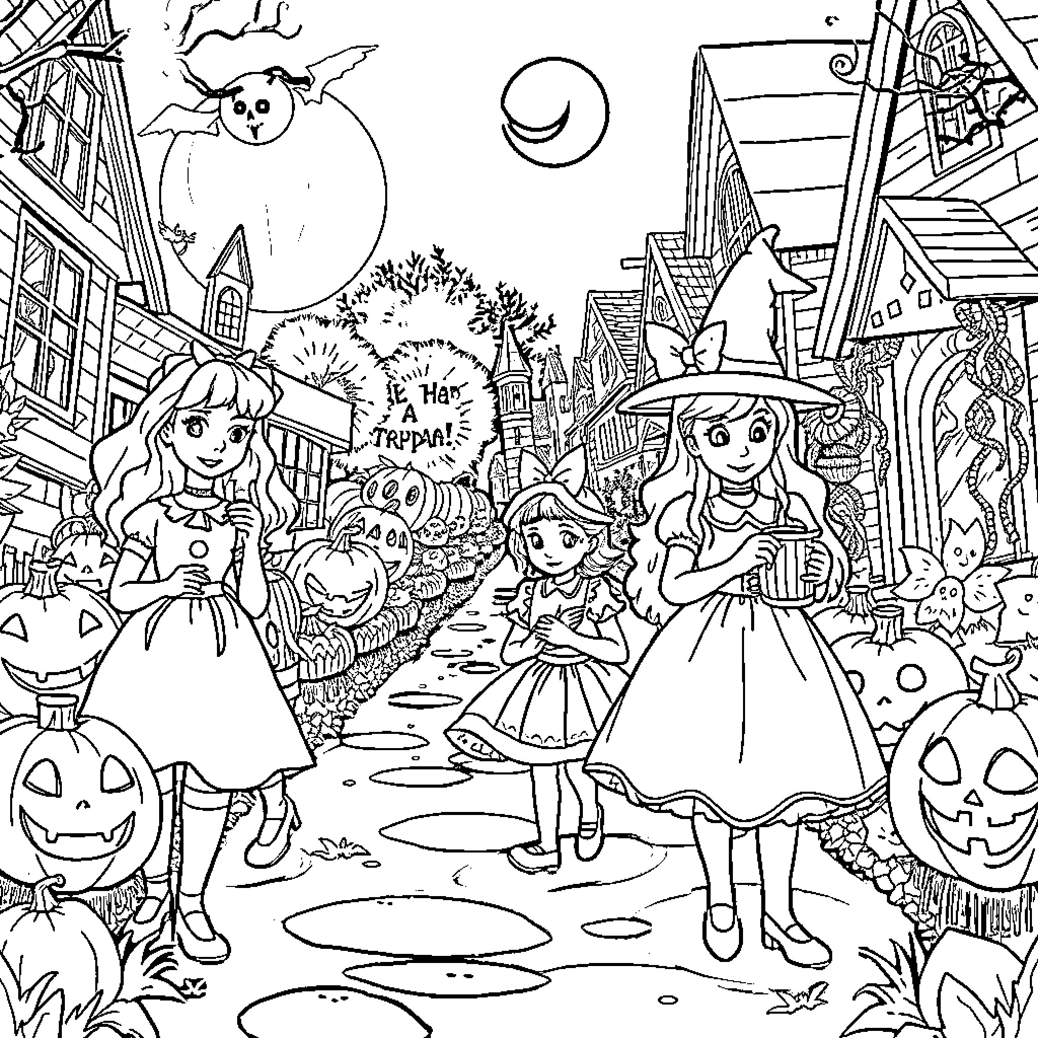 Alice and Her Friends Celebrate Halloween in the Town Coloring Page (free black-and-white line drawing printable PDF for all, from beginners to advanced learners, including children, teens, adults, and seniors)