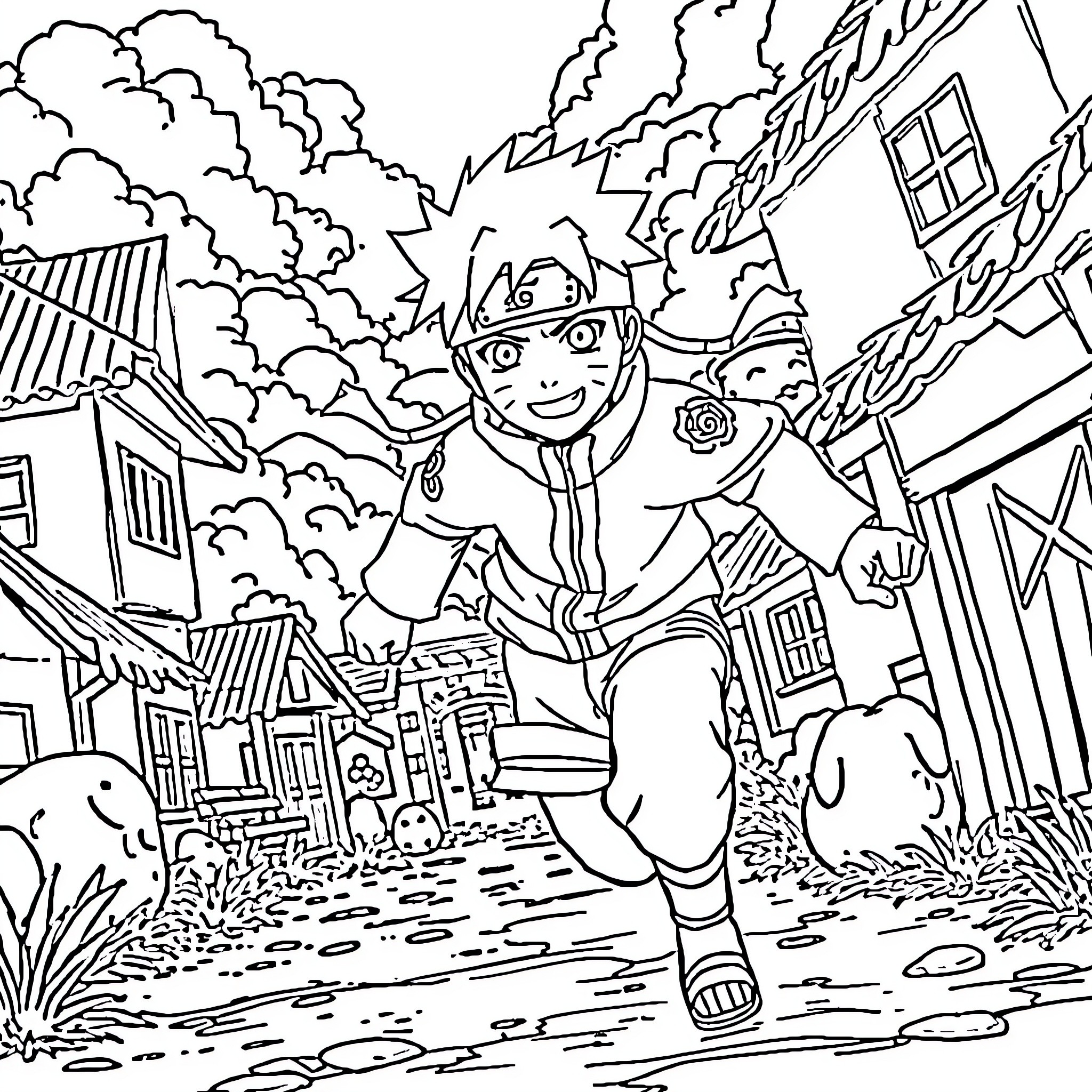 Naruto running through the village with determination Coloring Page (free black-and-white line drawing printable PDF for all, from beginners to advanced learners, including children, teens, adults, and seniors)