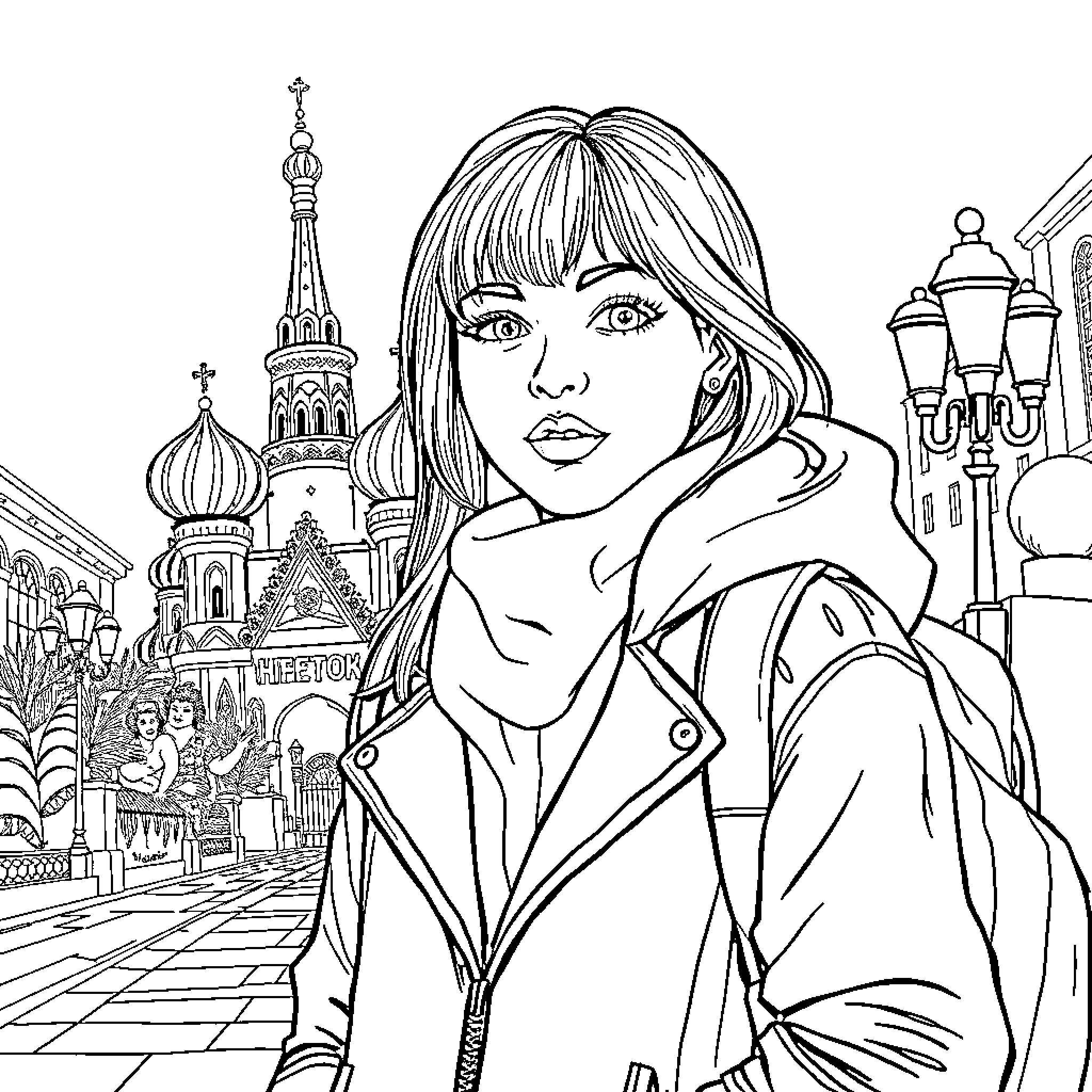 Batman Woman exploring the streets of Russia Coloring Page (free black-and-white line drawing printable PDF for all, from beginners to advanced learners, including children, teens, adults, and seniors)