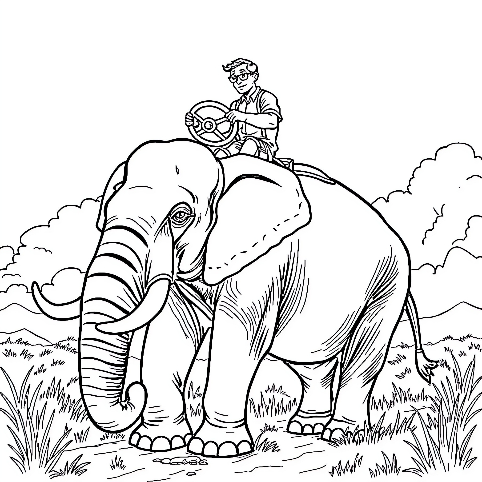 Man riding elephant through wilderness Coloring Page (free black-and-white line drawing printable PDF for all, from beginners to advanced learners, including children, teens, adults, and seniors)