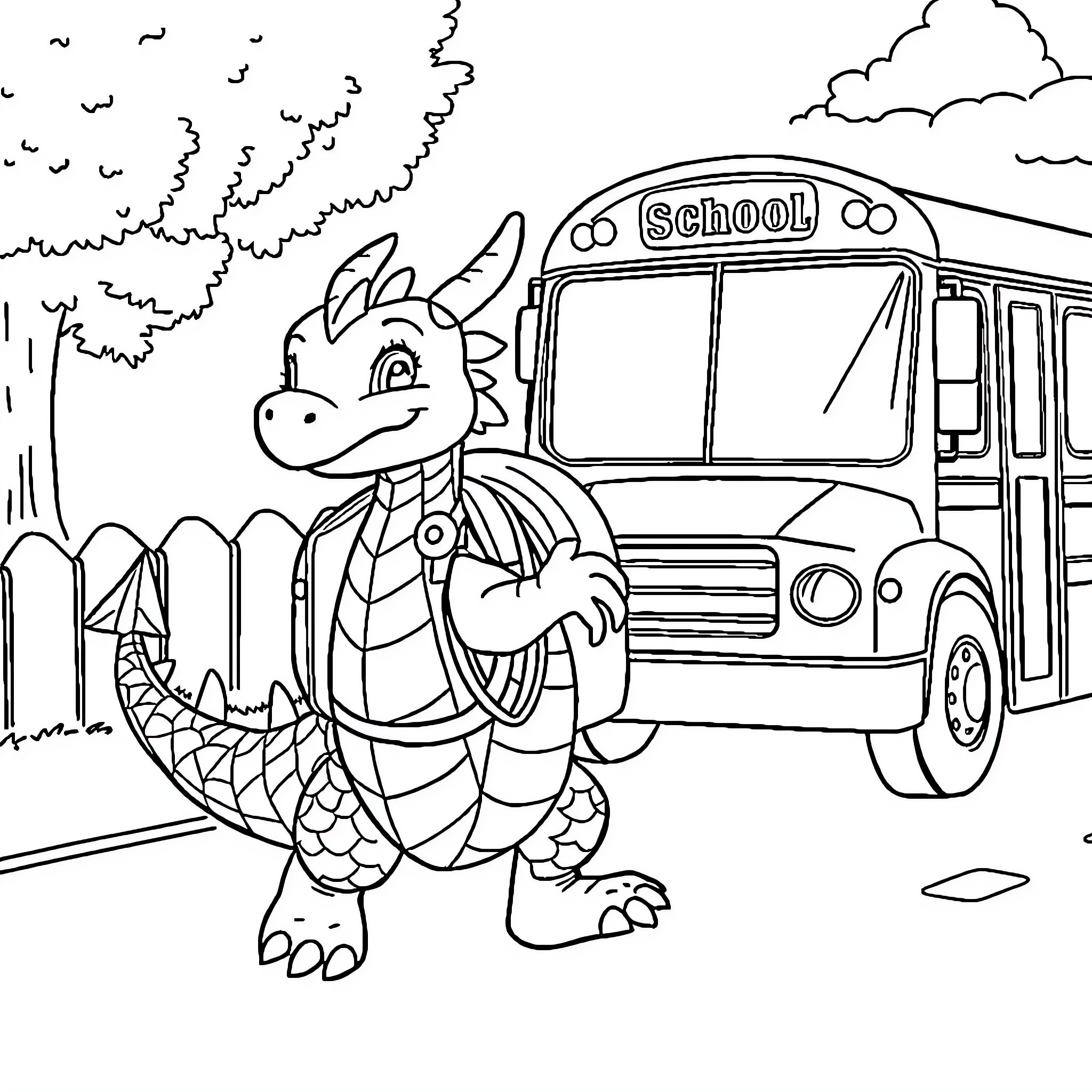 Dragon School Bus Adventure Coloring Page (free black-and-white line drawing printable PDF for all, from beginners to advanced learners, including children, teens, adults, and seniors)
