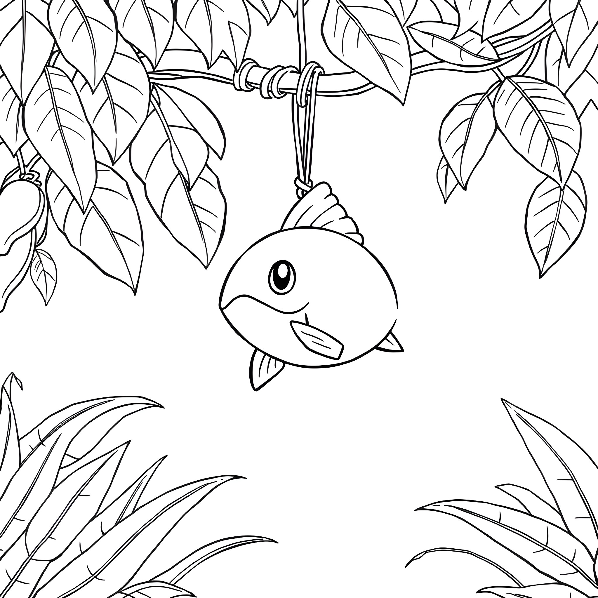 Magikarp hanging playfully in the jungle foliage Coloring Page (free black-and-white line drawing printable PDF for all, from beginners to advanced learners, including children, teens, adults, and seniors)
