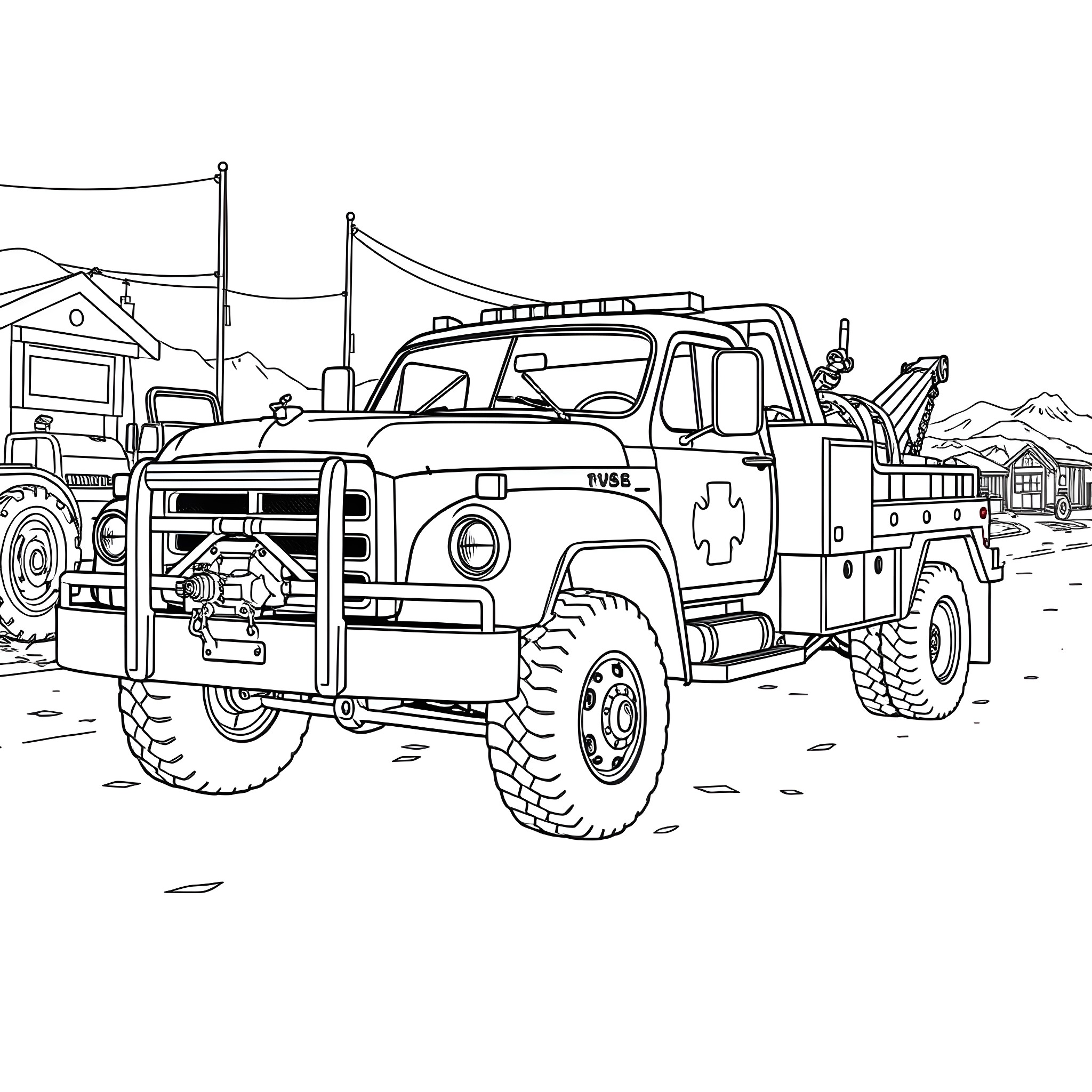 Wrecker Truck Assisting in a Disaster Scene Coloring Page (free black-and-white line drawing printable PDF for all, from beginners to advanced learners, including children, teens, adults, and seniors)
