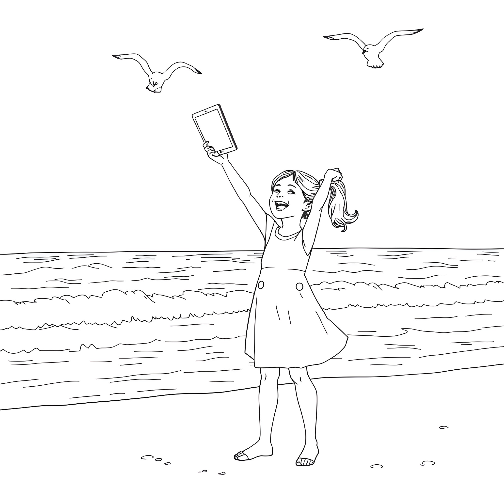 Girl Joyfully Captures Seagulls on the Beach Coloring Page (free black-and-white line drawing printable PDF for all, from beginners to advanced learners, including children, teens, adults, and seniors)