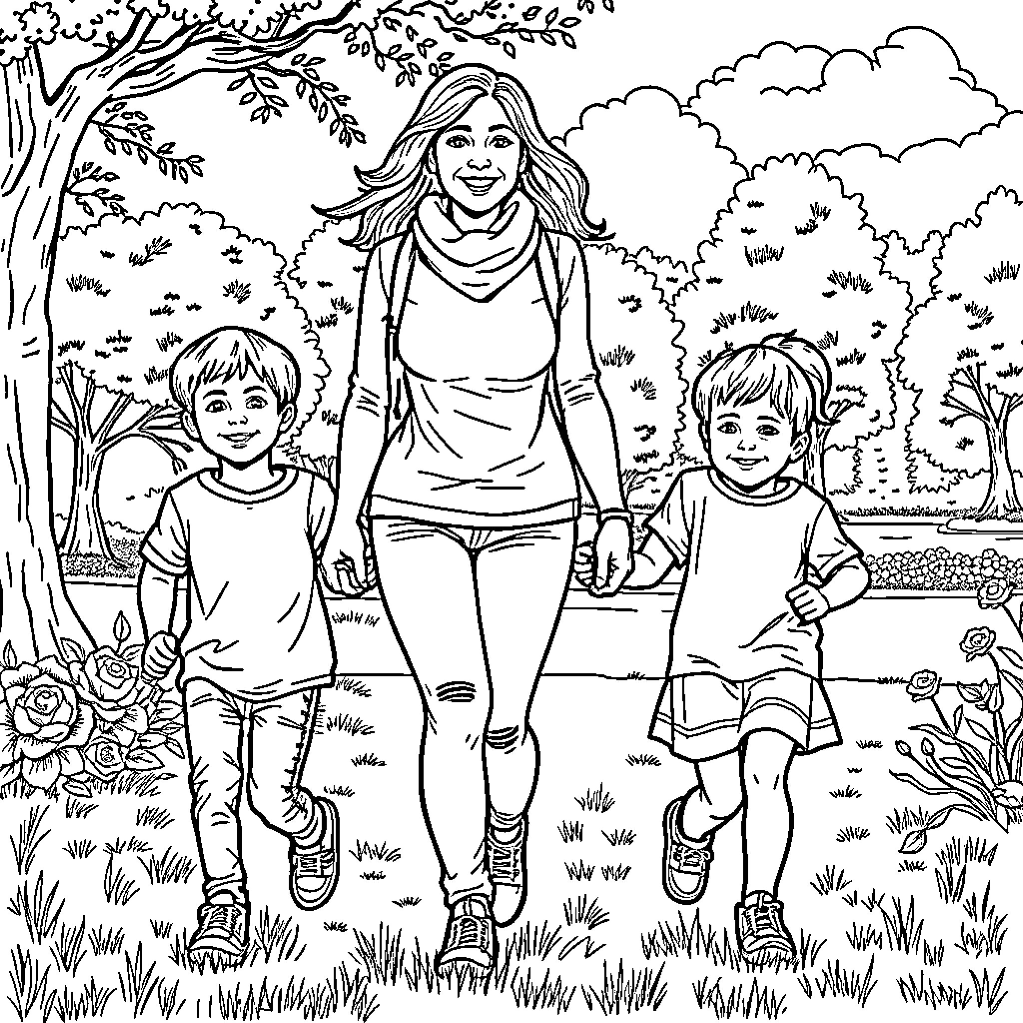 Mother enjoying nature with her children Coloring Page (free black-and-white line drawing printable PDF for all, from beginners to advanced learners, including children, teens, adults, and seniors)