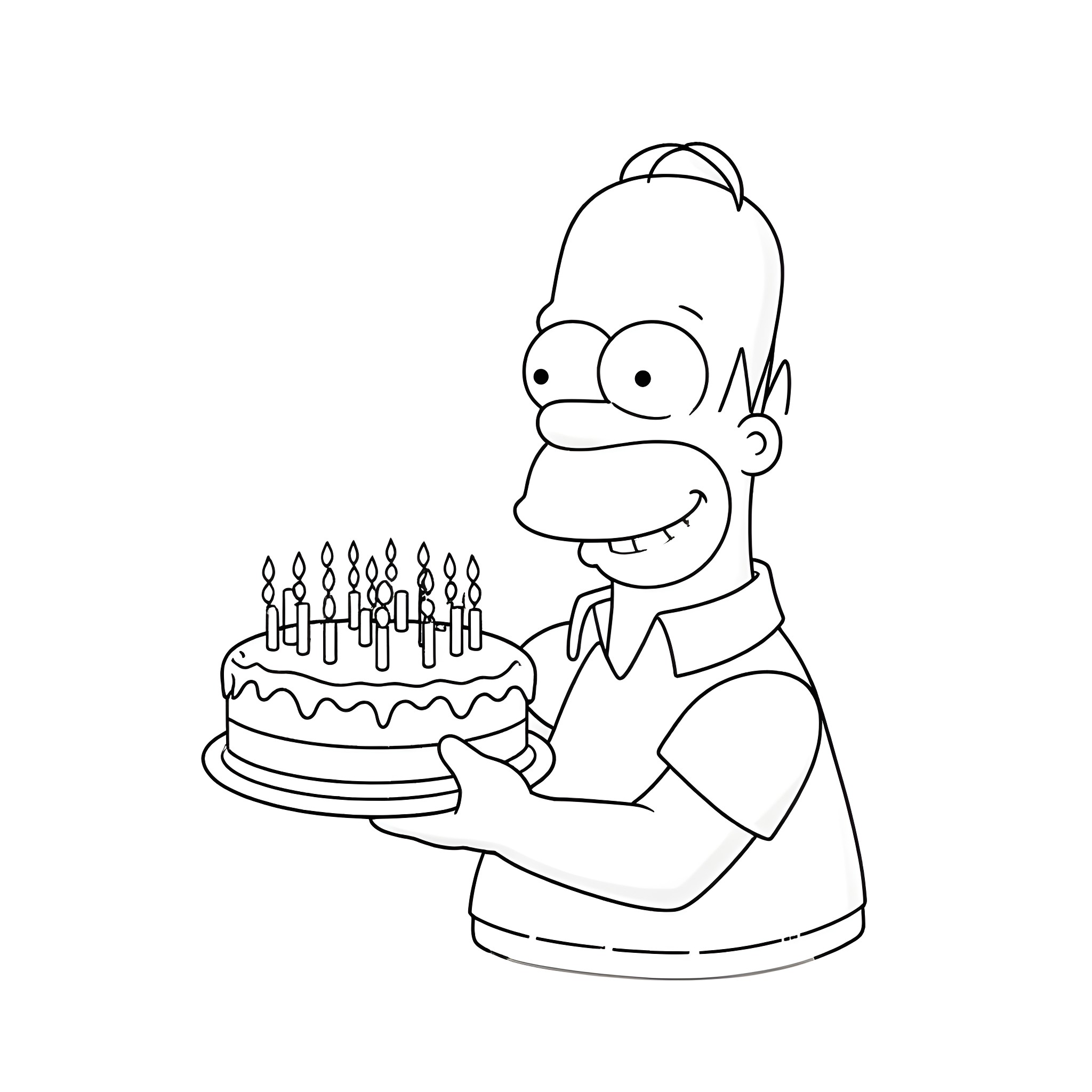 Homer happily holding a birthday cake Coloring Page (free black-and-white line drawing printable PDF for all, from beginners to advanced learners, including children, teens, adults, and seniors)