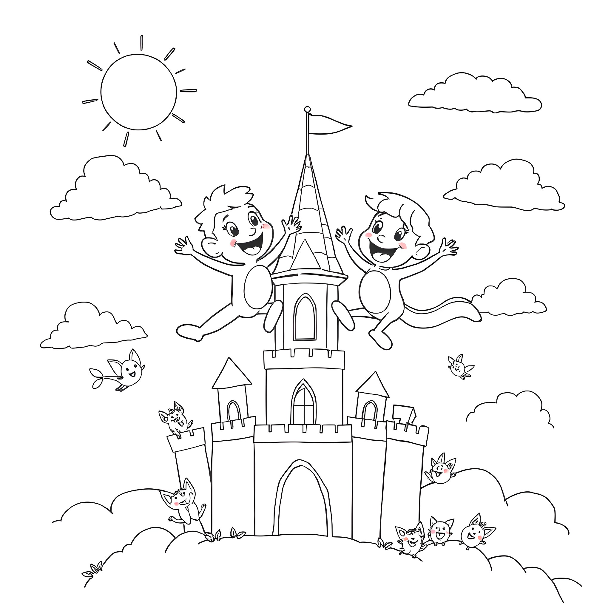 Bluey and friend explore enchanting castle Coloring Page (free black-and-white line drawing printable PDF for all, from beginners to advanced learners, including children, teens, adults, and seniors)