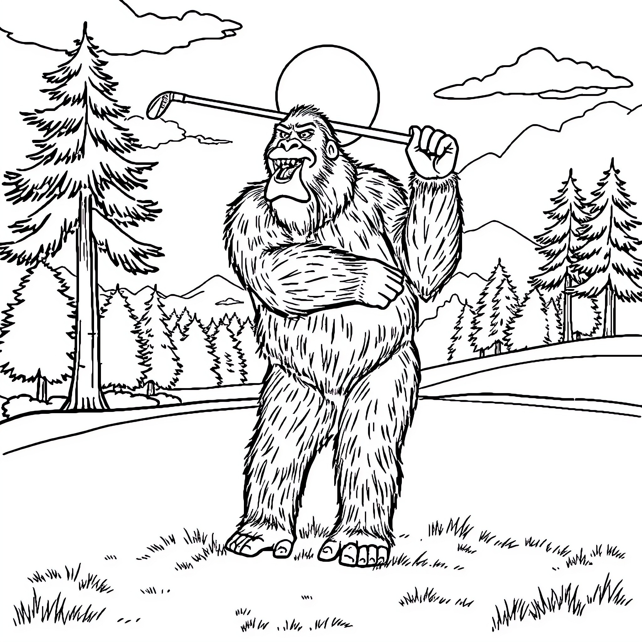 Bigfoot wielding a large tree branch in the wilderness Coloring Page (free black-and-white line drawing printable PDF for all, from beginners to advanced learners, including children, teens, adults, and seniors)