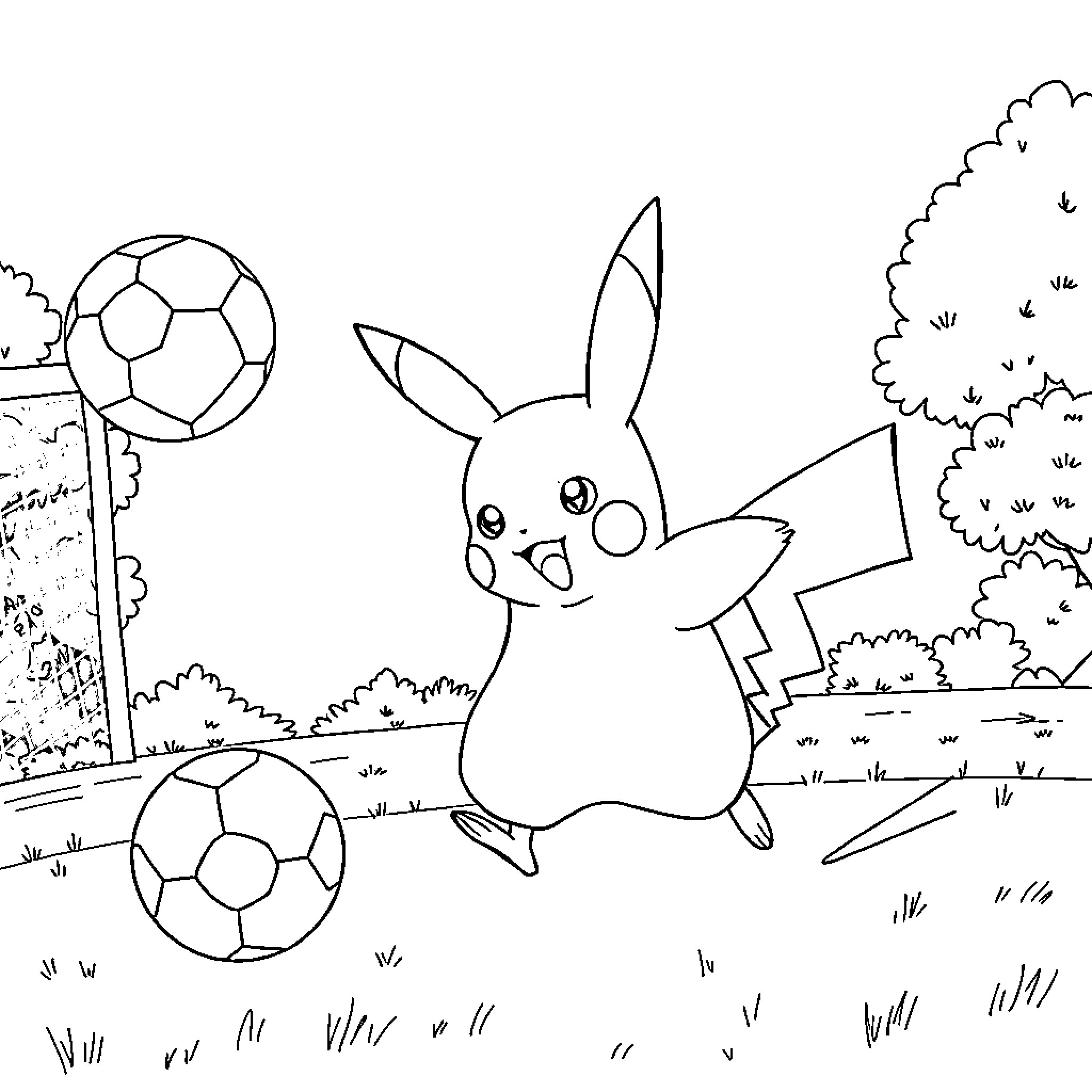 Pikachu playing happily in an outdoor scene Coloring Page (free black-and-white line drawing printable PDF for all, from beginners to advanced learners, including children, teens, adults, and seniors)