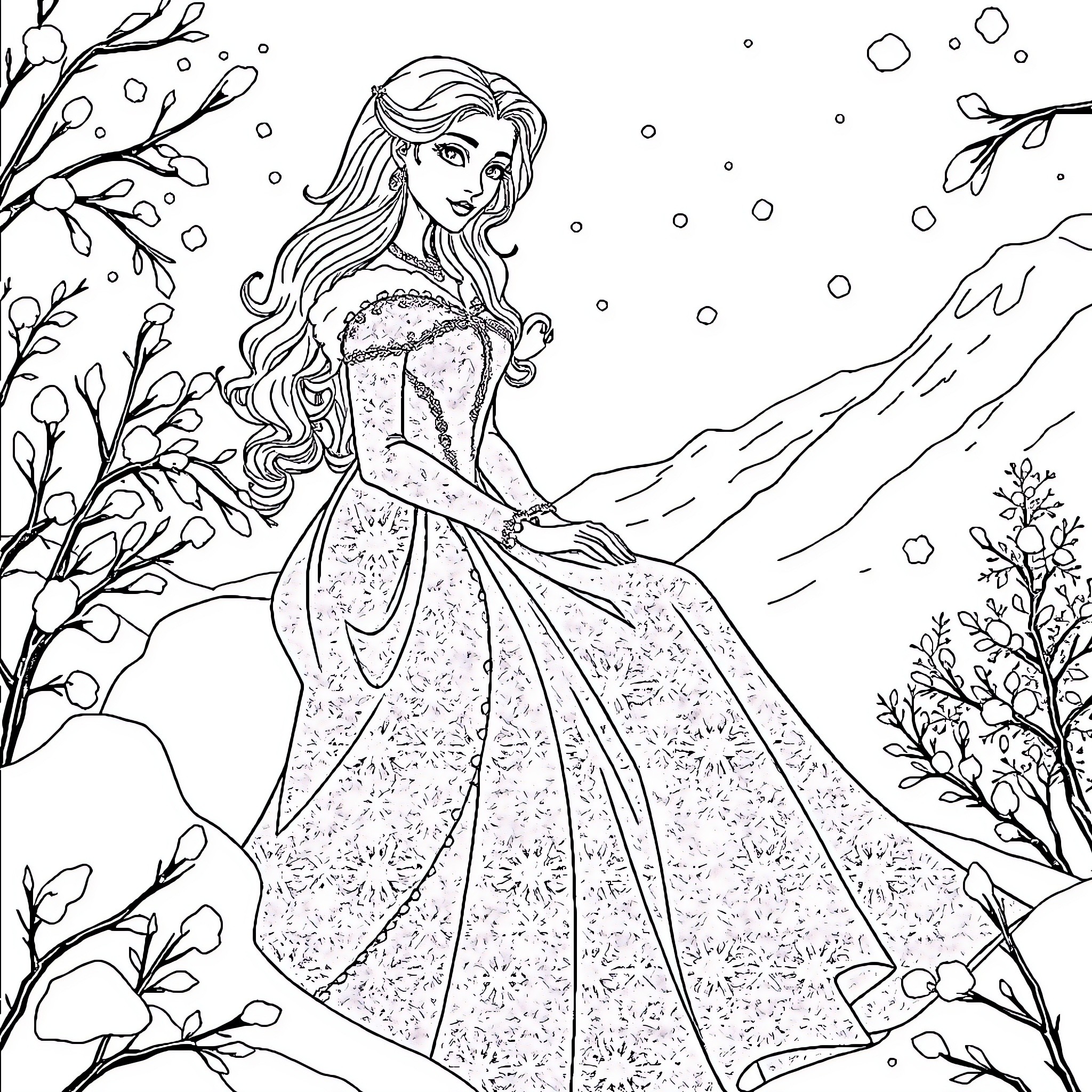 Snow Queen in a Snowy Winter Wonderland Coloring Page (free black-and-white line drawing printable PDF for all, from beginners to advanced learners, including children, teens, adults, and seniors)