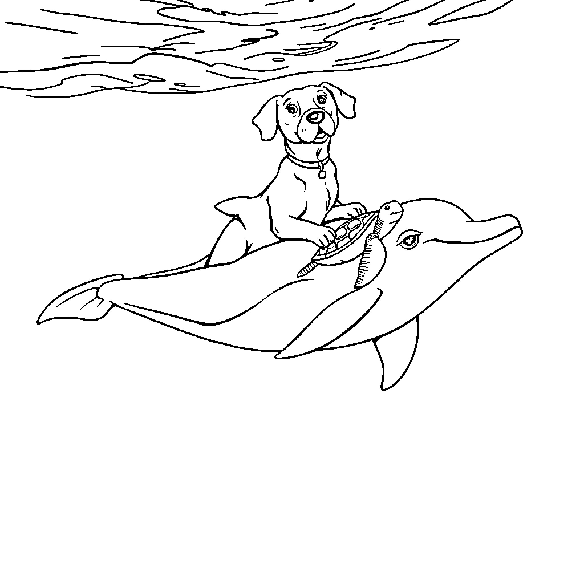 Dog playing with dolphin in the ocean Coloring Page (free black-and-white line drawing printable PDF for all, from beginners to advanced learners, including children, teens, adults, and seniors)