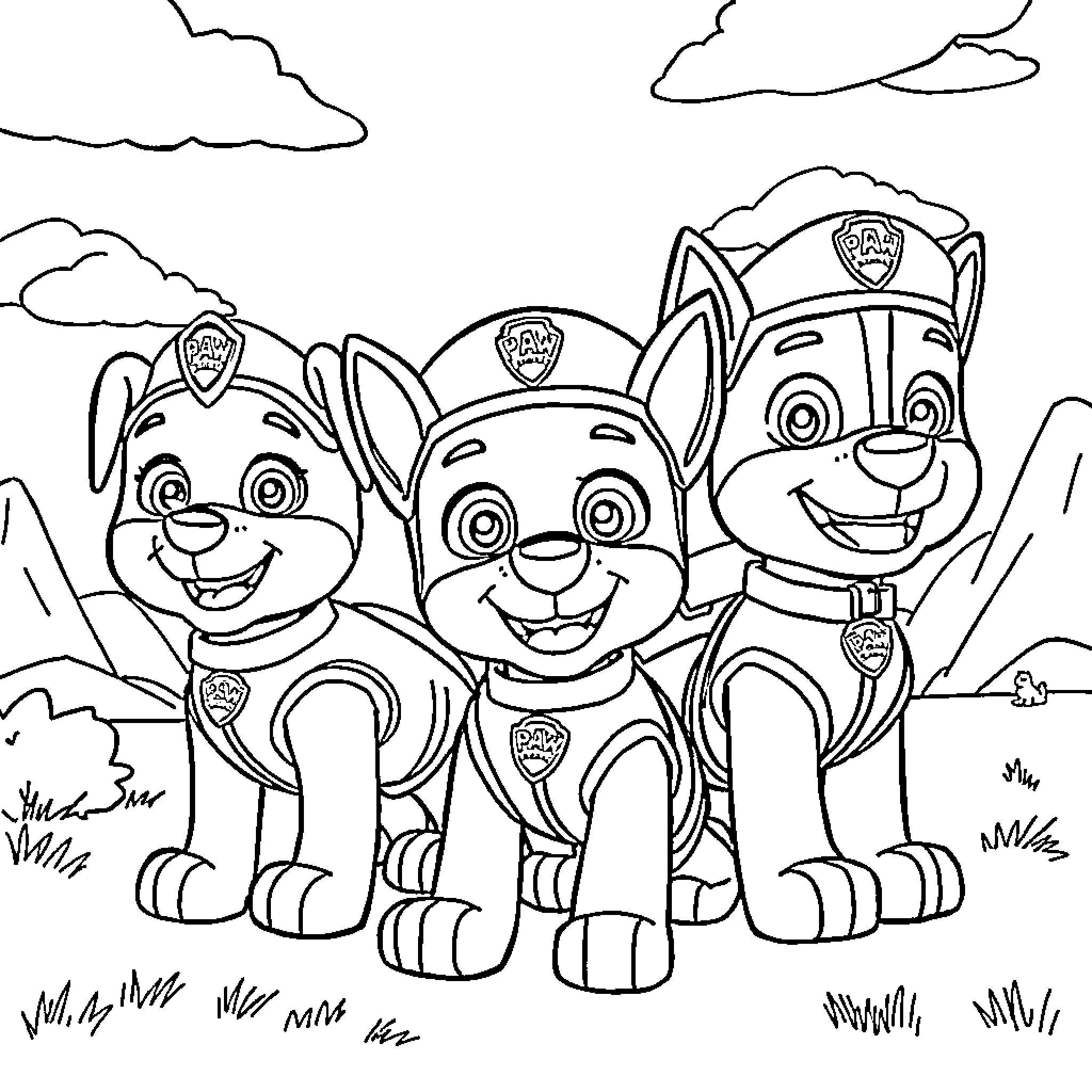 Paw Patrol characters in a happy outdoor scene Coloring Page (free black-and-white line drawing printable PDF for all, from beginners to advanced learners, including children, teens, adults, and seniors)