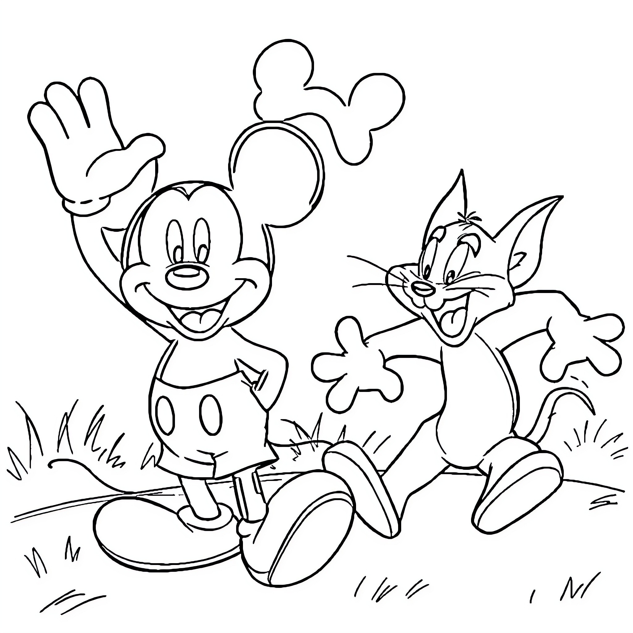 Mickey Mouse and Tom Cat playing together in the park Coloring Page (free black-and-white line drawing printable PDF for all, from beginners to advanced learners, including children, teens, adults, and seniors)
