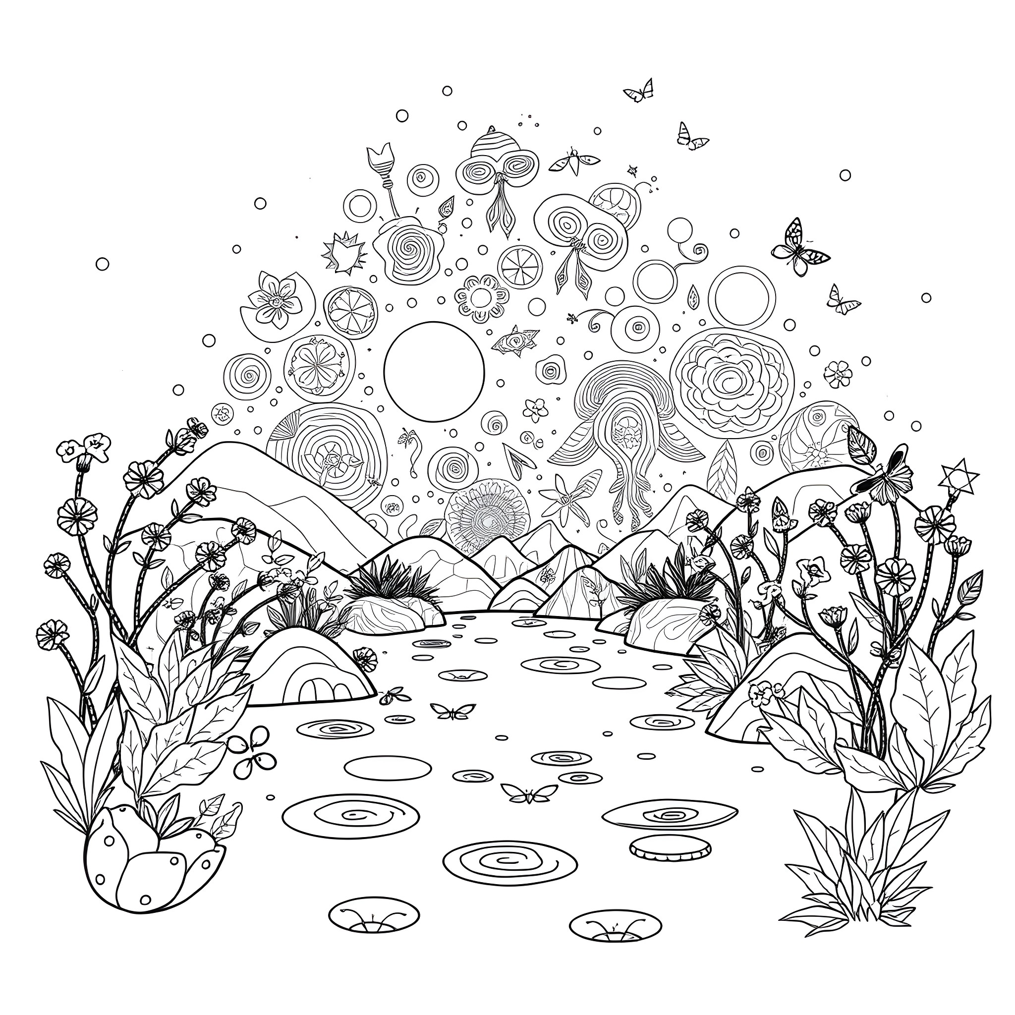 Adult Whimsical Floral Landscape with Butterflies Coloring Page (free black-and-white line drawing printable PDF for all, from beginners to advanced learners, including children, teens, adults, and seniors)