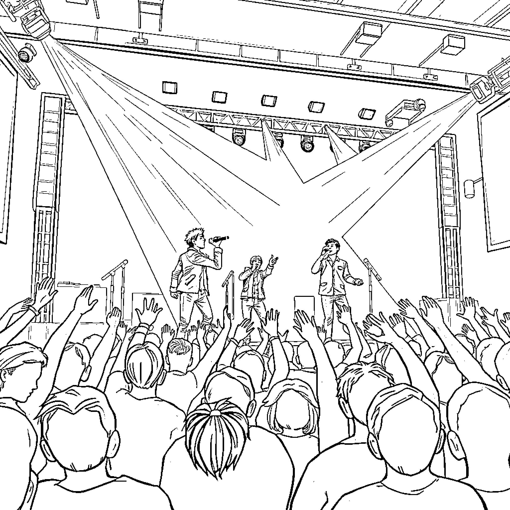 One Direction Performing on Stage Before Enthusiastic Crowd Coloring Page (free black-and-white line drawing printable PDF for all, from beginners to advanced learners, including children, teens, adults, and seniors)