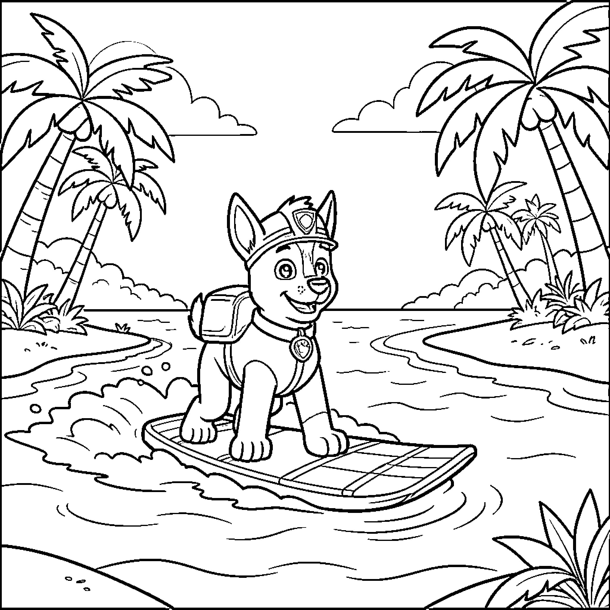 Ruben surfing on waves near tropical palm trees Coloring Page (free black-and-white line drawing printable PDF for all, from beginners to advanced learners, including children, teens, adults, and seniors)
