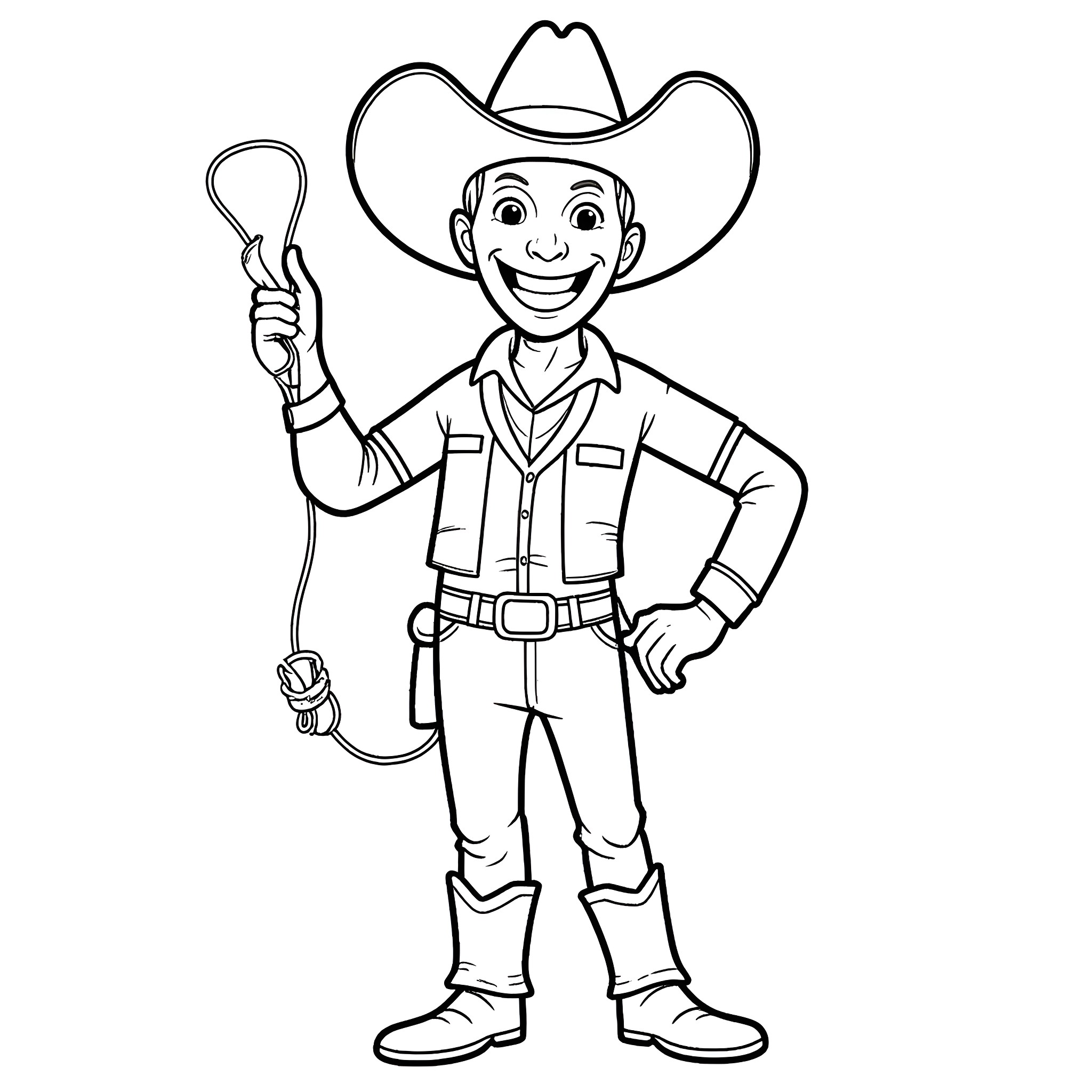 Cowboy working with lasso and tools Coloring Page (free black-and-white line drawing printable PDF for all, from beginners to advanced learners, including children, teens, adults, and seniors)