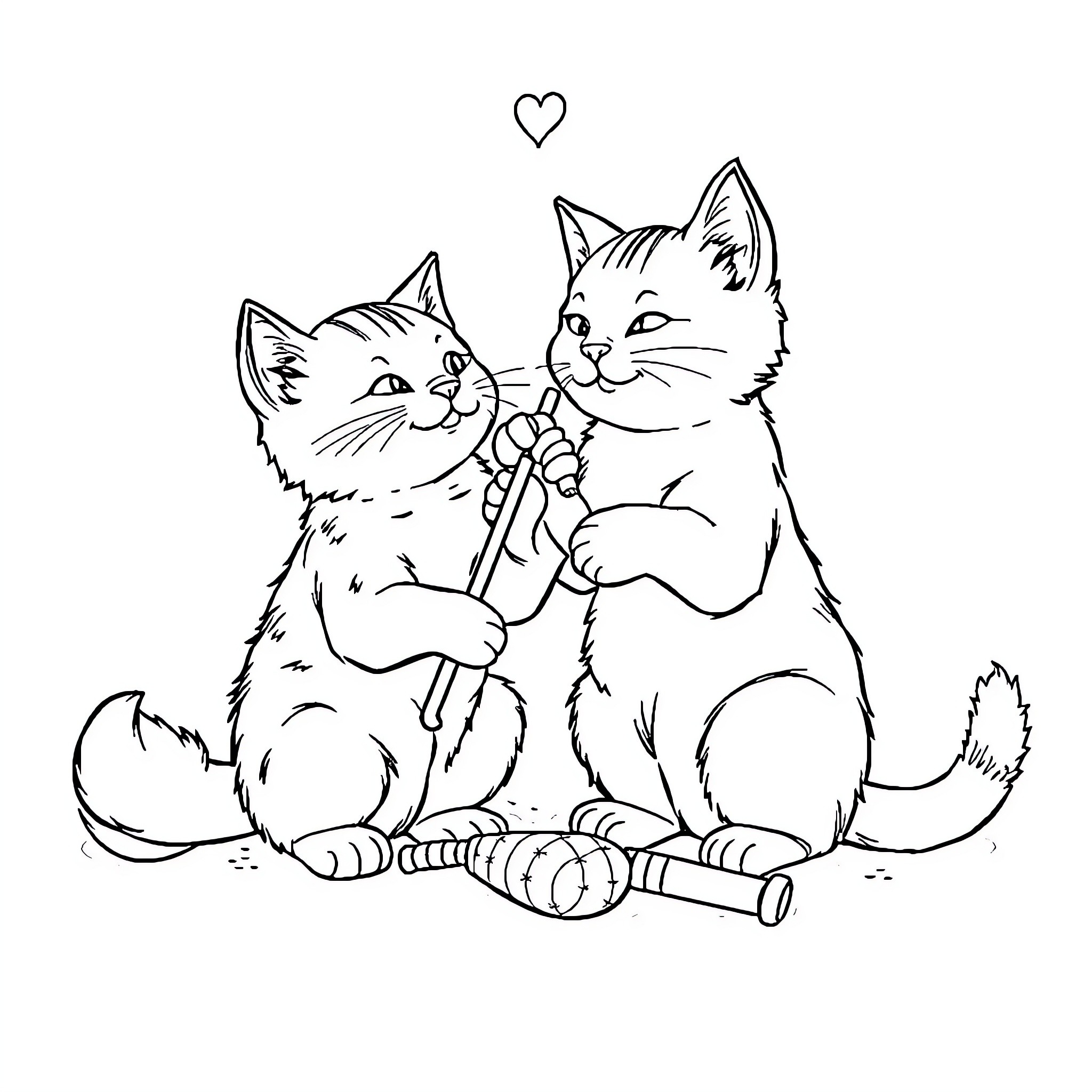 Cat Companions Sharing a Moment Coloring Page (free black-and-white line drawing printable PDF for all, from beginners to advanced learners, including children, teens, adults, and seniors)